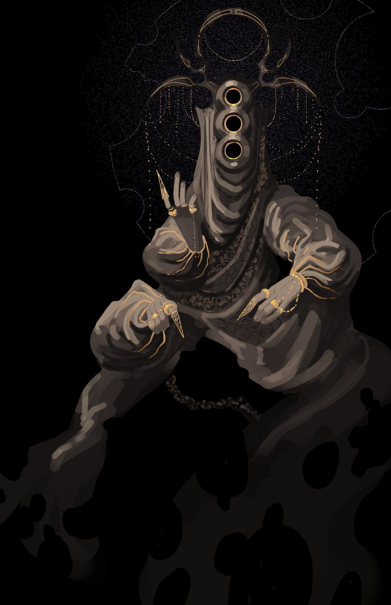 digital painting of a figure on a black background. the figure is painted in dim browns and has three arms and a shrouded head with three circular gold-lined openings stacked for its face. a sort of crown of circles and antler-like spikes rises from the top of its head. gold chains drop from the crown. the fingers wear rings, and each index finger has a long gold nail guard. at the bottom of the image, the figure's robe shreds away into nothingness. behind its head is a very faint purple haze.