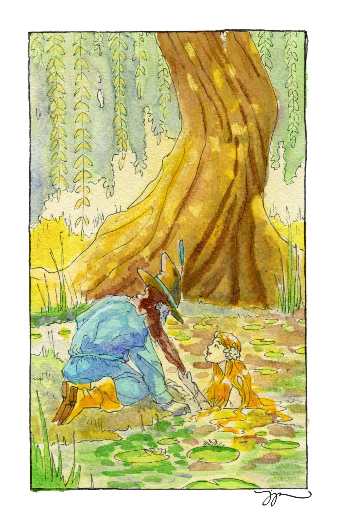 watercolor illustration of tom bombadil leaning on the bank of a lily-filled pool beneath a willow. goldberry, his soon-to-be wife, rises from the water to tug his beard