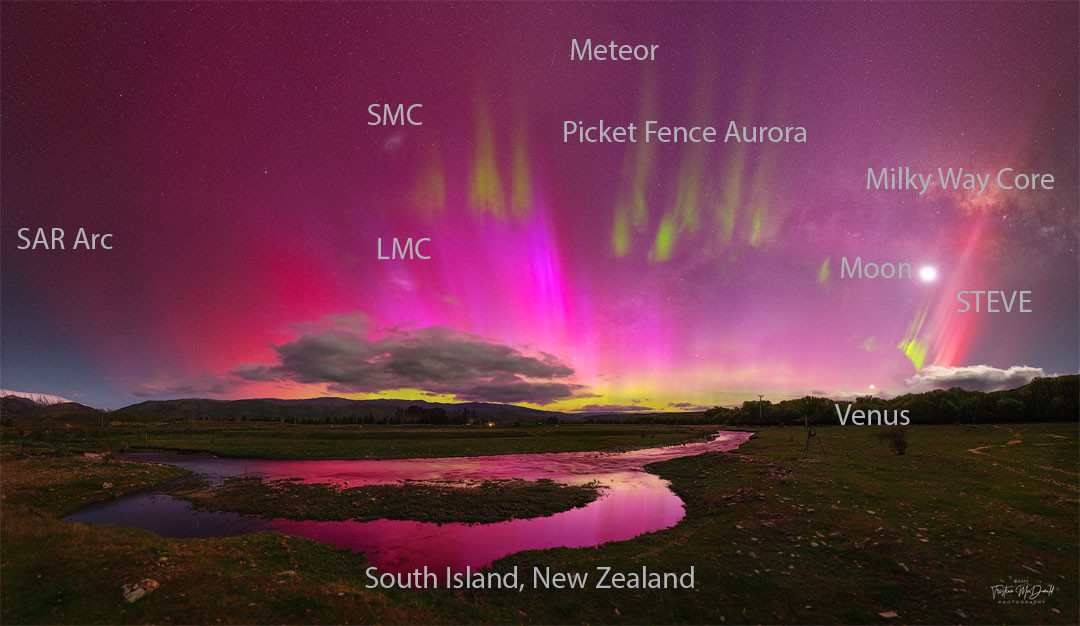 Sometimes the night sky is full of surprises. Take the sky over Lindis Pass, South Island, New Zealand one-night last week. Instead of a typically calm night sky filled with constant stars, a busy and dynamic night sky appeared. Suddenly visible were pervasive red aurora, green picket-fence aurora, a red SAR arc, a STEVE, a meteor, and the Moon. These outshone the center of our Milky Way Galaxy and both of its two satellite galaxies: the LMC and SMC. All of these were captured together on 28 exposures in five minutes, from which this annotated panorama was composed. 