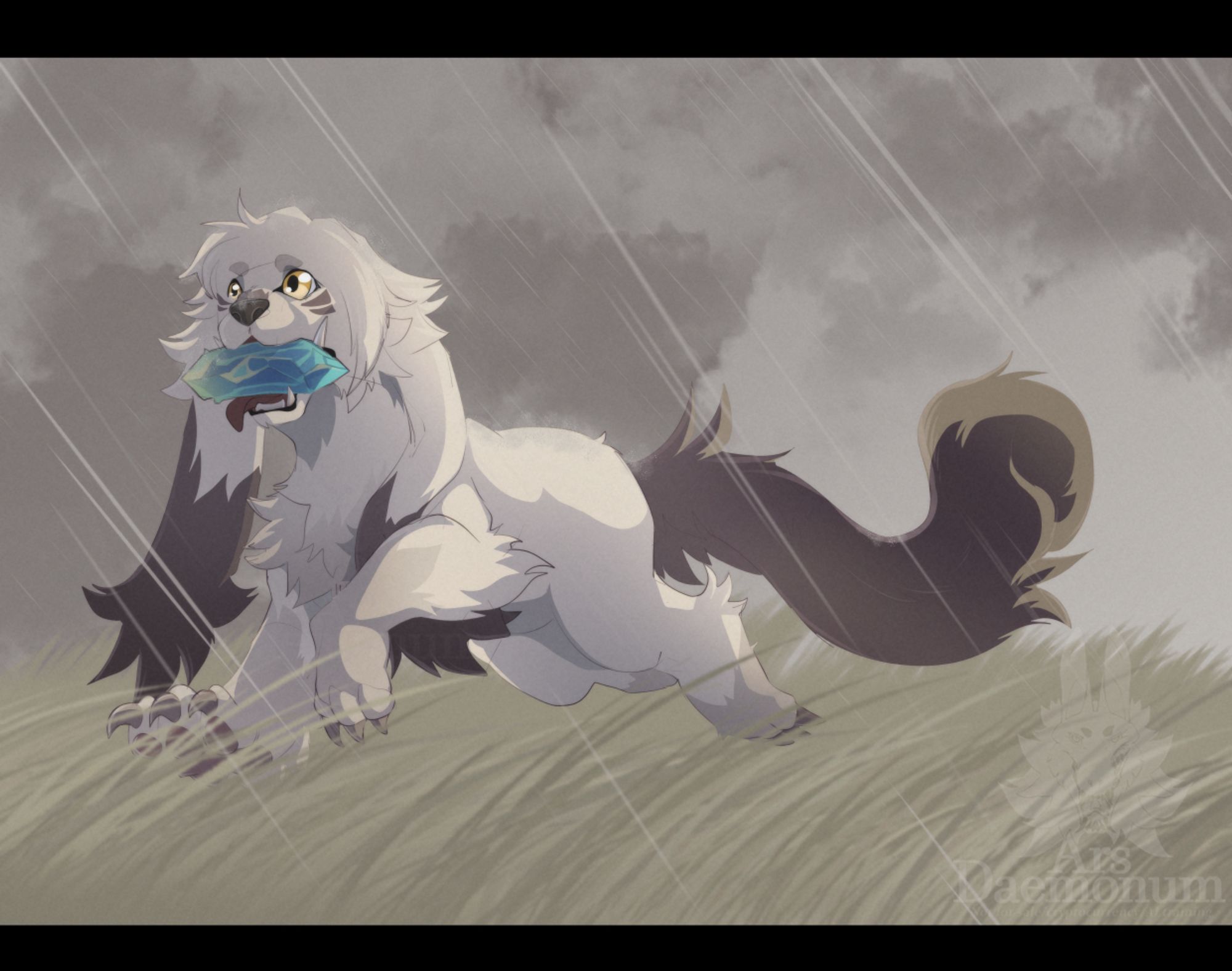 The same Labramon from the previous image. This time, he's running through a rainstorm in a field of tall grass, a blue crystal in his mouth. He looks worried.