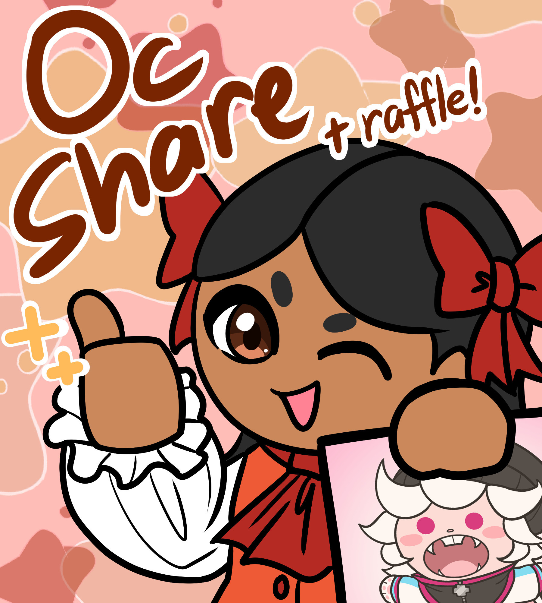 Text that says "OC Share + raffle" with a brown-skinned girl wearing red ribbons and an orange dress. She is giving a thumbs up while holding out a drawing of a white-haired character with an open mouth. 