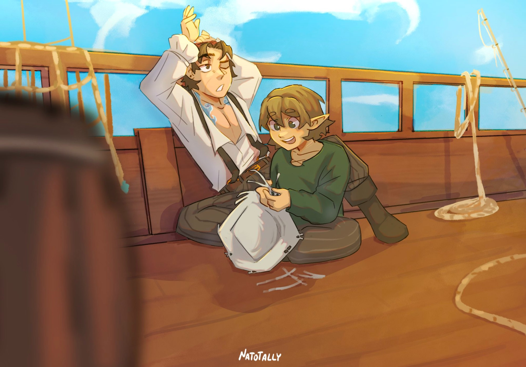 Chip and Ollie from the podcast Just Roll With It: Riptide, sitting on a boat relaxing and talking to eachother. 