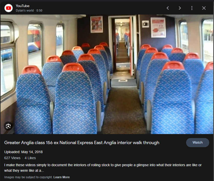 Screenshot of a google image result showing the enterior of a greater anglia train interior class 156