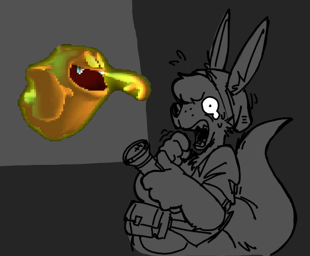 my fursona Heather, pointing a flashlight at a low quality image of a Luigi's Mansion ghost and screaming