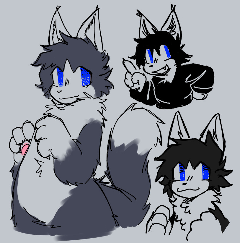 three drawings of ethan's fursona