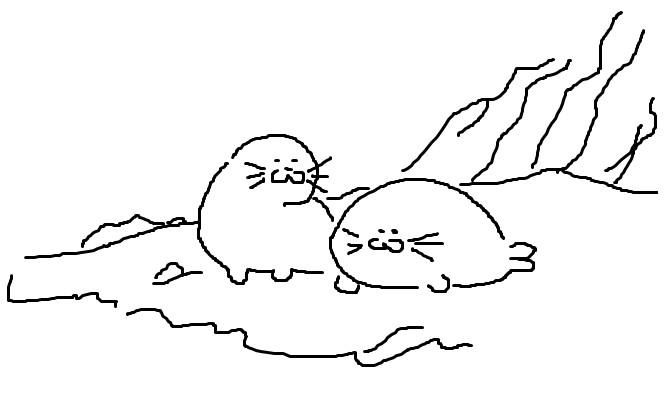 two seals on the beach, with large rocks in the background