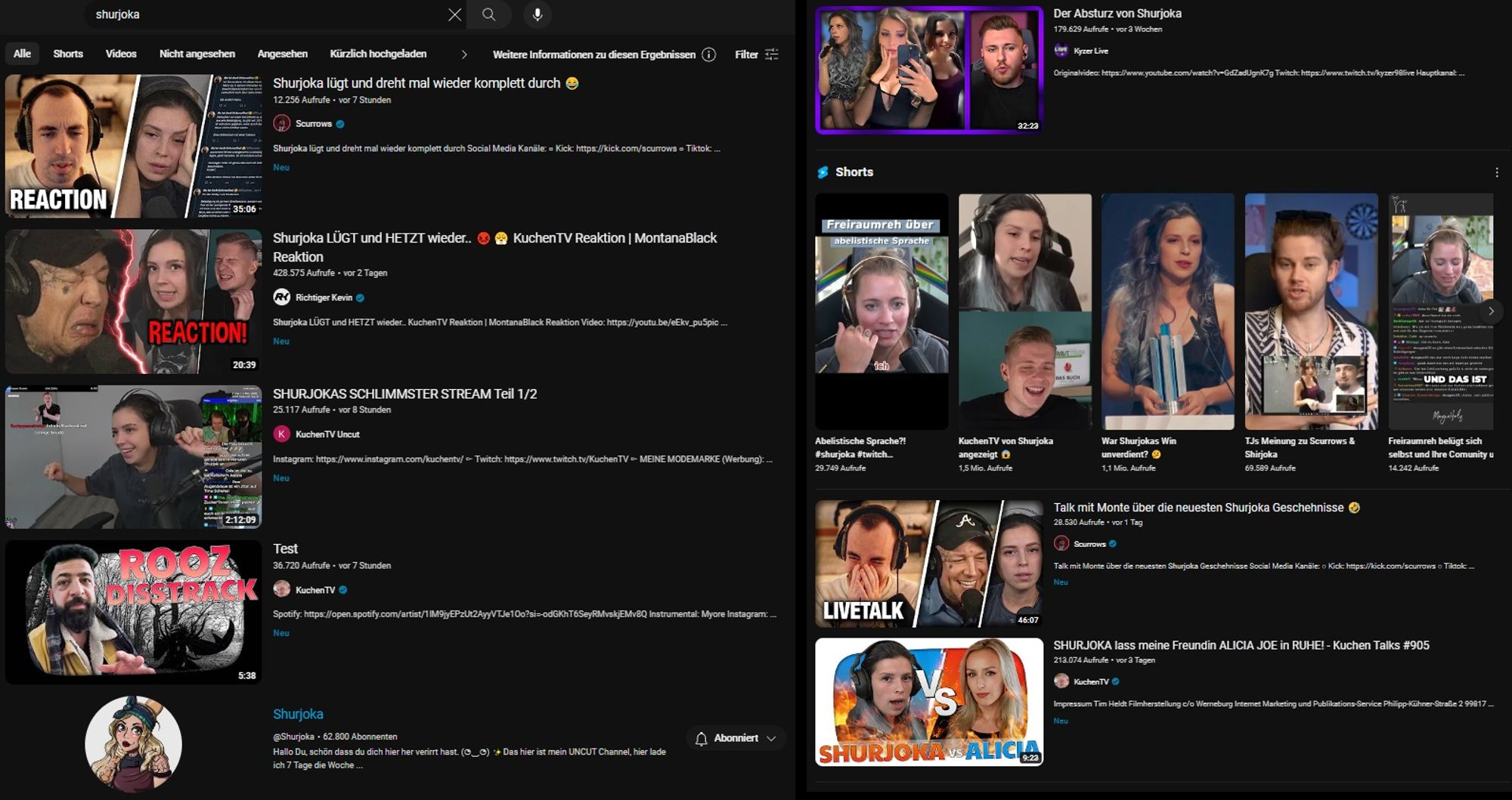 zwei Screenshots von Youtube mit Suchergebnissen zu "Shurjoka", welche u. A. Kuchtentv, MontanaBlack und Scurrows zeigen.