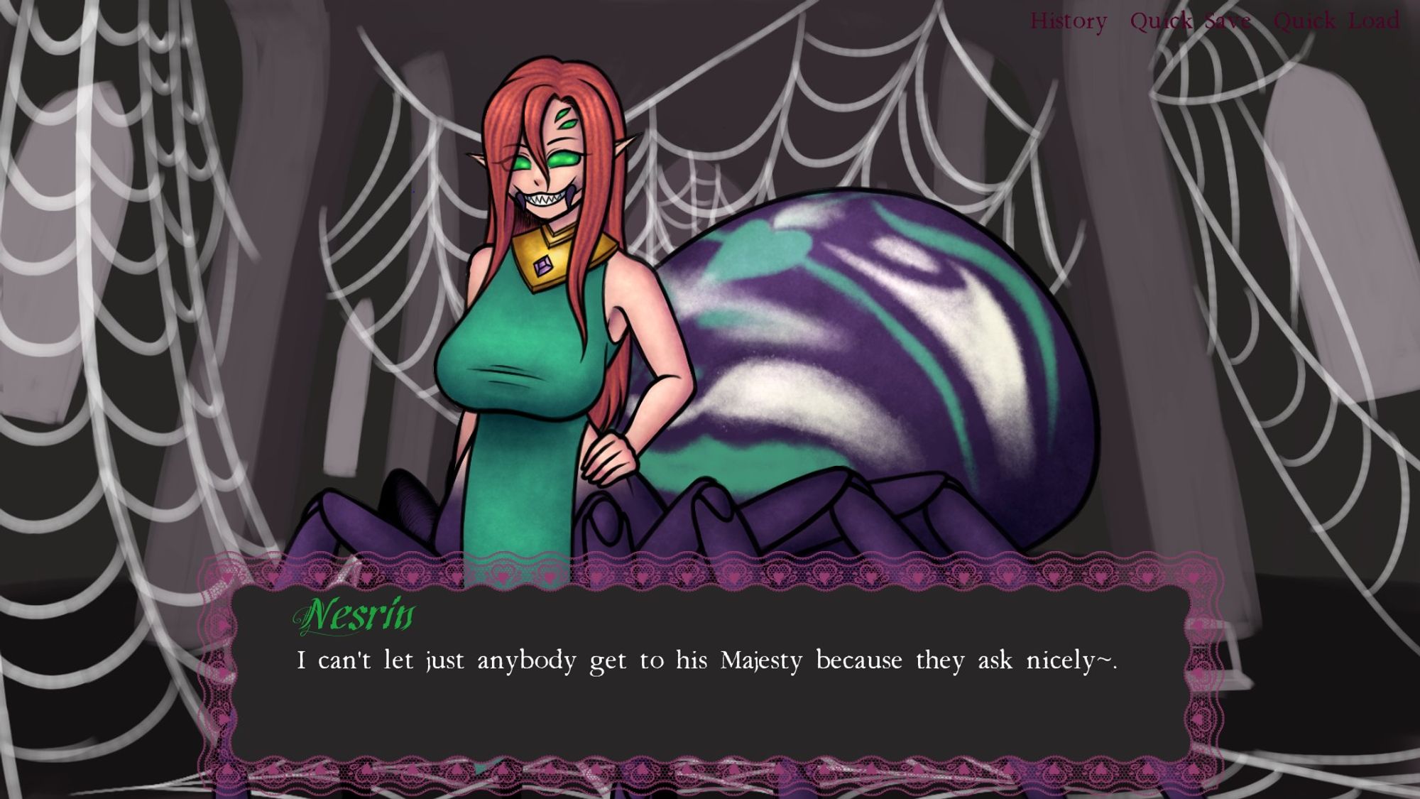 A screenshot from my game "Forbidden Pursuit". It features a large spider lady named Nesrin, who has red hair, green compound eyes, and a purple body with green and white markings. She stands in a room of spiderwebs, as dialogue says "I can't let just anybody get to his Majesty because they ask nicely~."