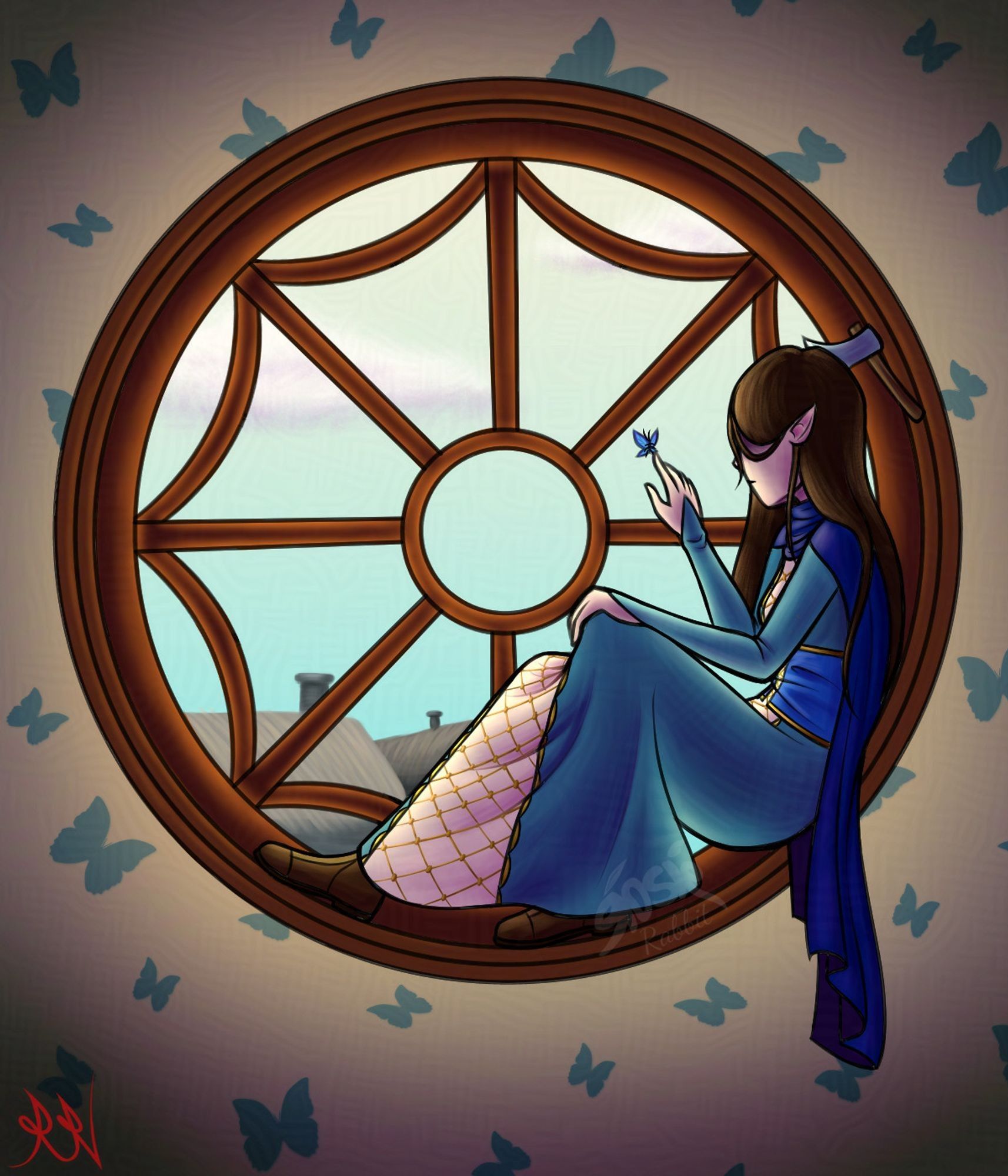 A drawing of my oc Nessie (warlock woman with axe in her head and blue dress). She sits in a circular window frame, which resembles a spider web. Inside the room is a cream wallpaper with blue butterflies, as outside has bright blue skies. Nessie's hand is raised up to touch a butterfly that rests against the window.