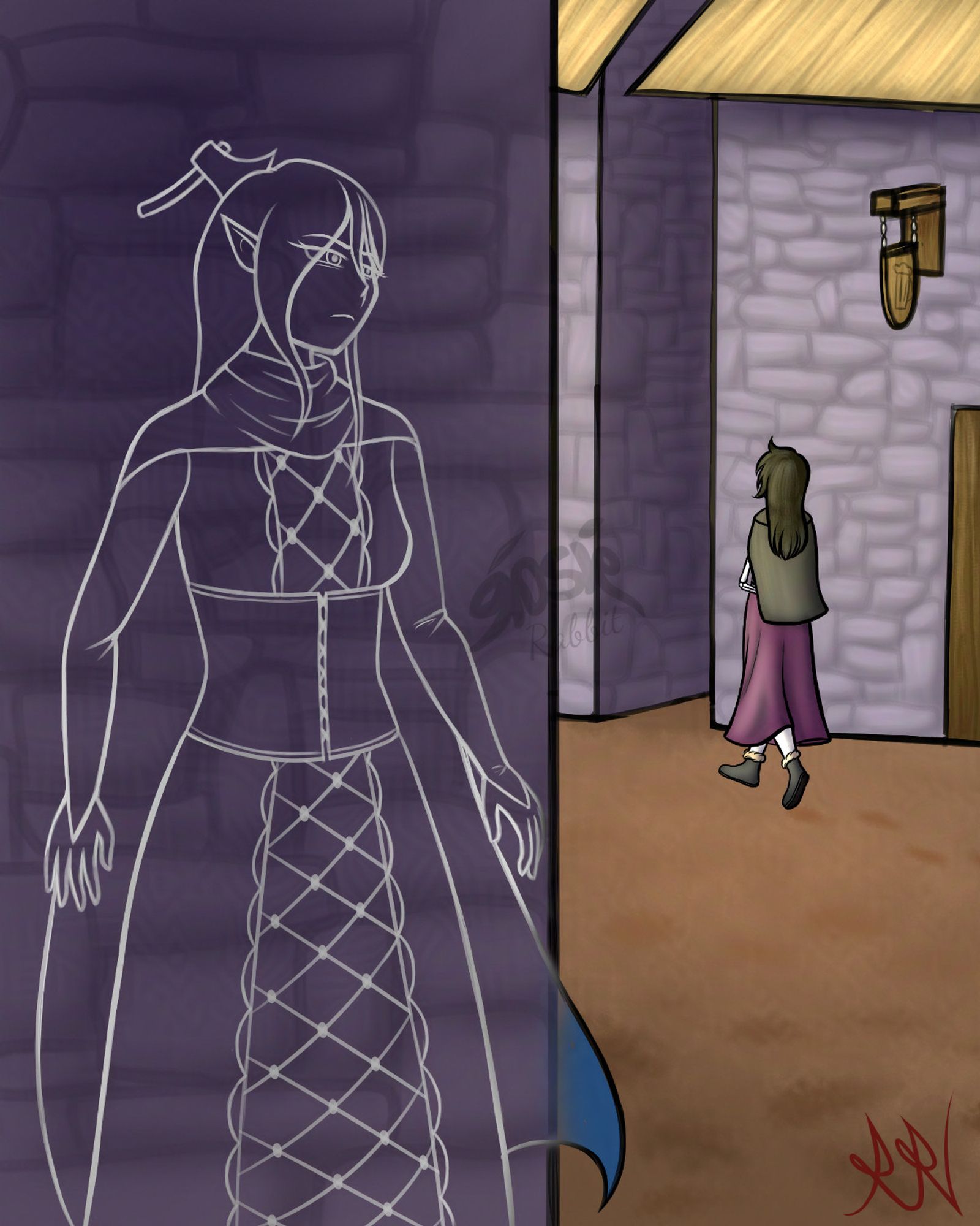 An artwork of Nessie stalking the necromancy lady from our campaign by hiding along a wall. The drawing is in full color, except for Nessie, who is only white outlines to signify to the viewer that she is invisible. A small portion of her cloak exposed to the light is in color.