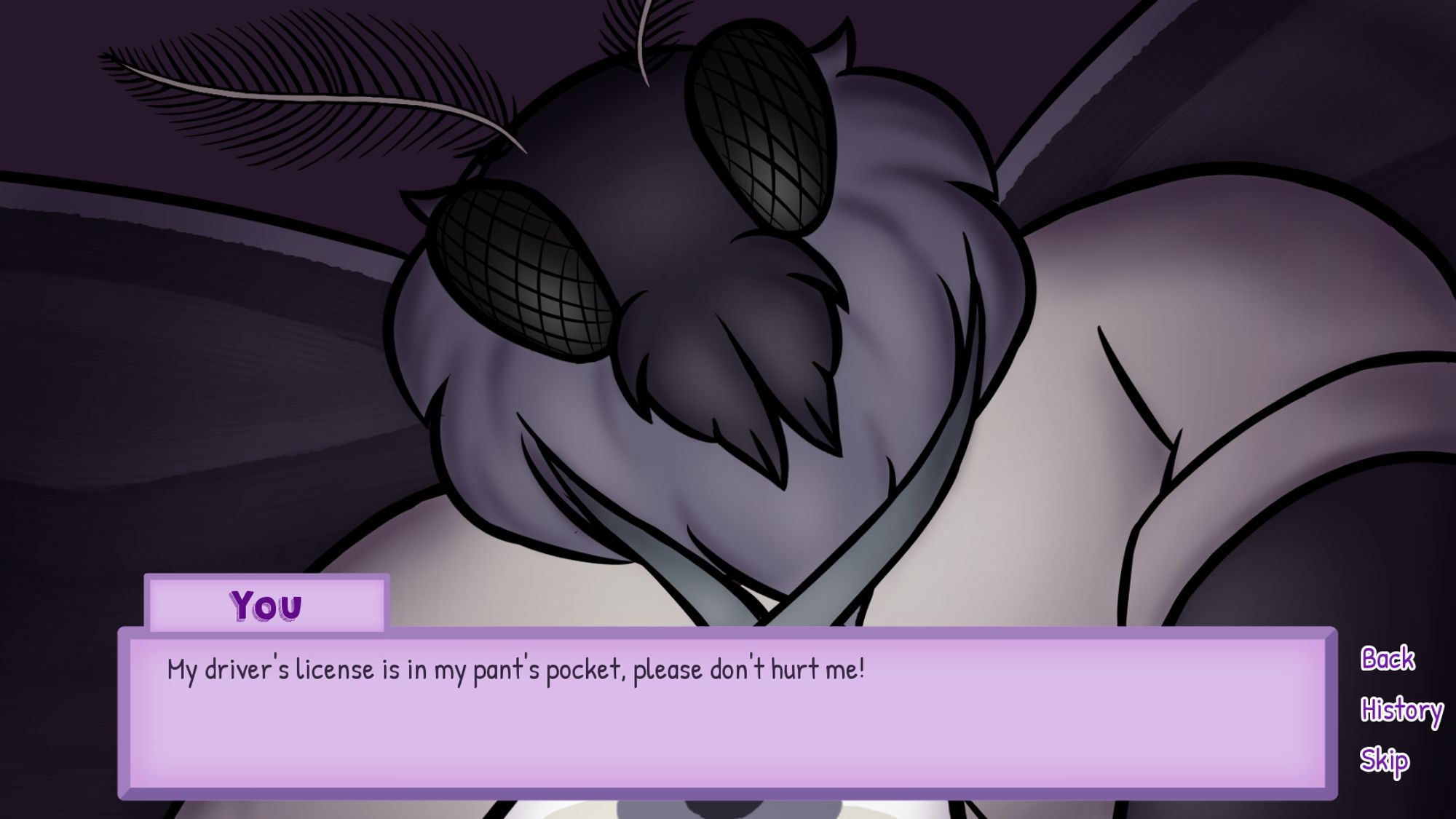 A screenshot from my game "Monster Office". It features a dark purple mothman in a business shirt pinning down the main character, from the MC's point of view. Dialogue says "My driver's license is in my pant's pocket, please don't hurt me!"