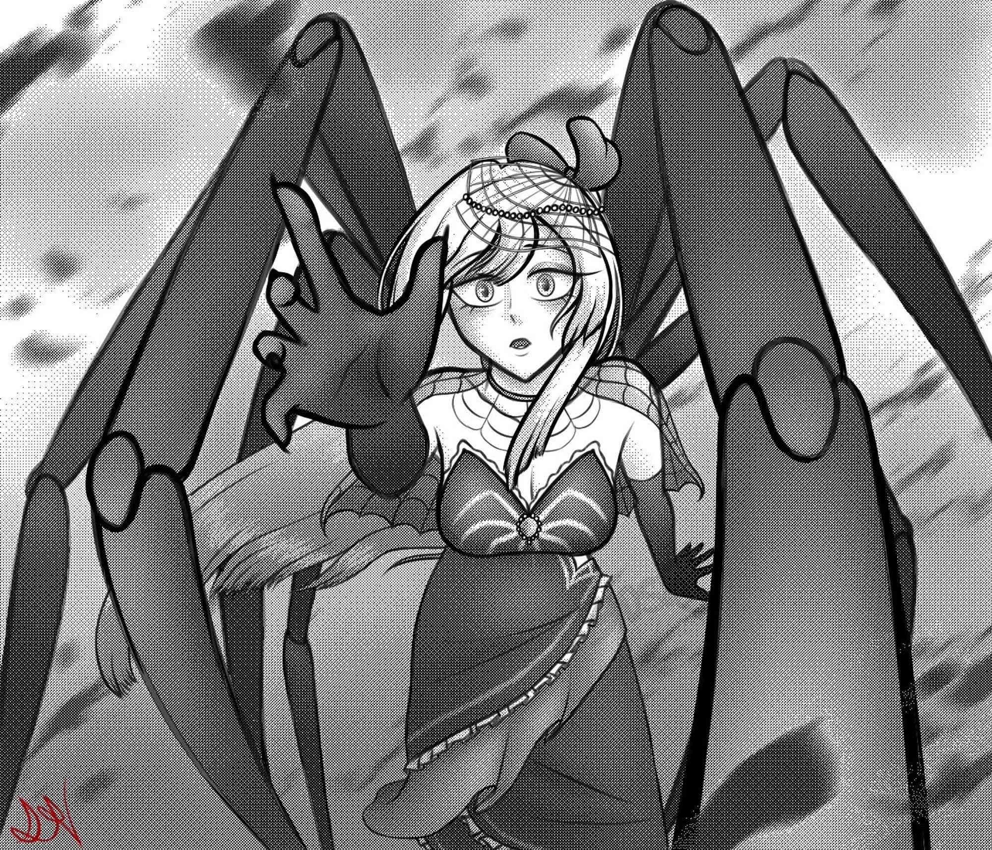 A greyscale screentone artwork of a magical girl OC from @hammi_0 for artfight. She wears a spider themed dress, with spider legs coming out of her back. She reaches towards the camera, with a terrified expression on her face.