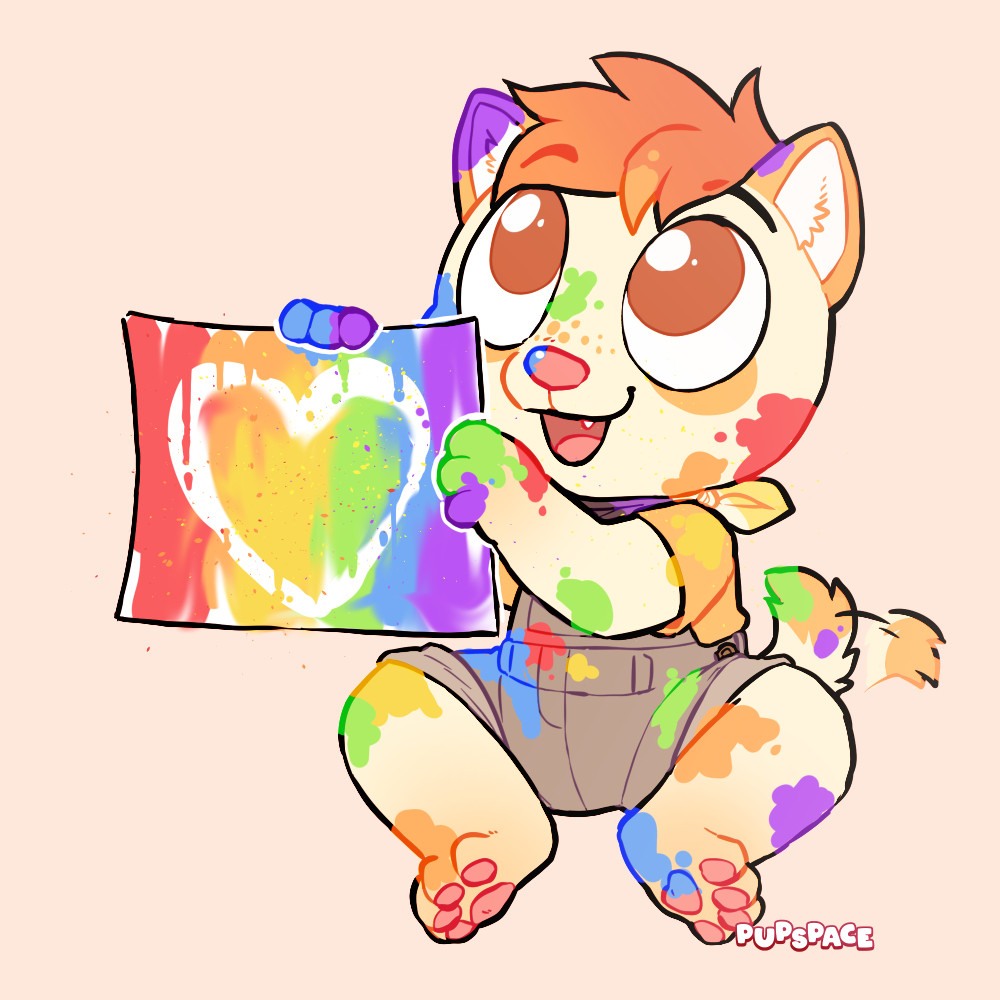 Remi the shiba puppy holding up a rainbow heart picture