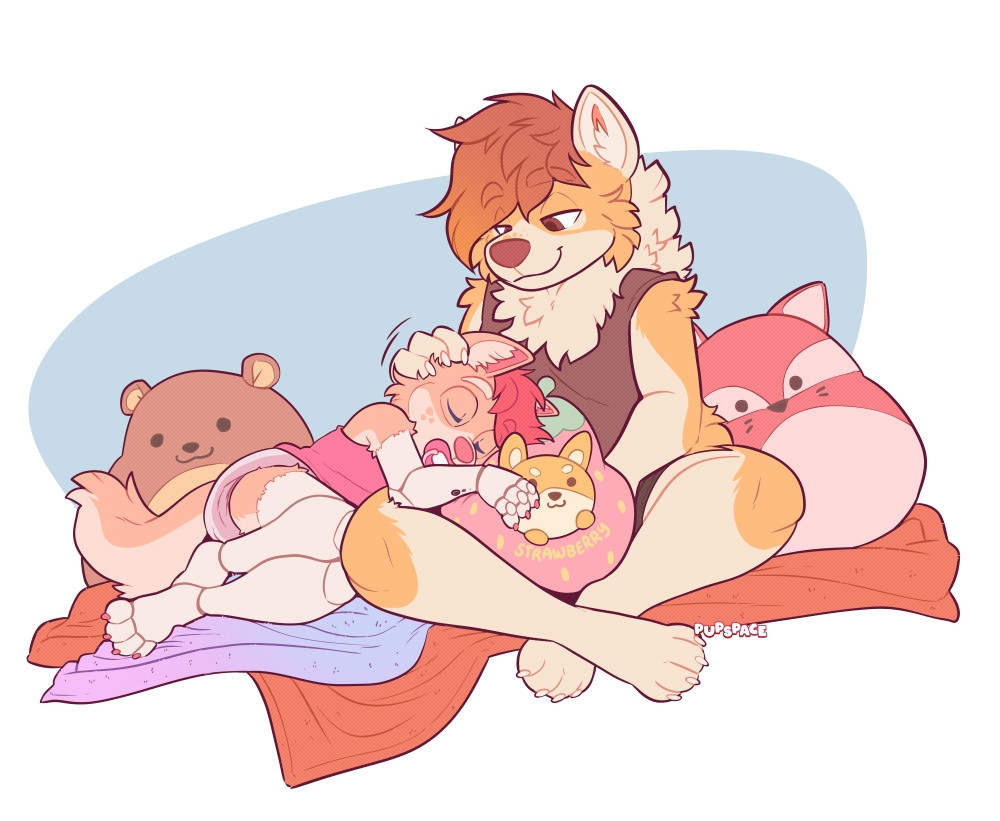 artwork featuring Fink (robot puppy) sleeping in momdog's lap amidst plushies and blankets 