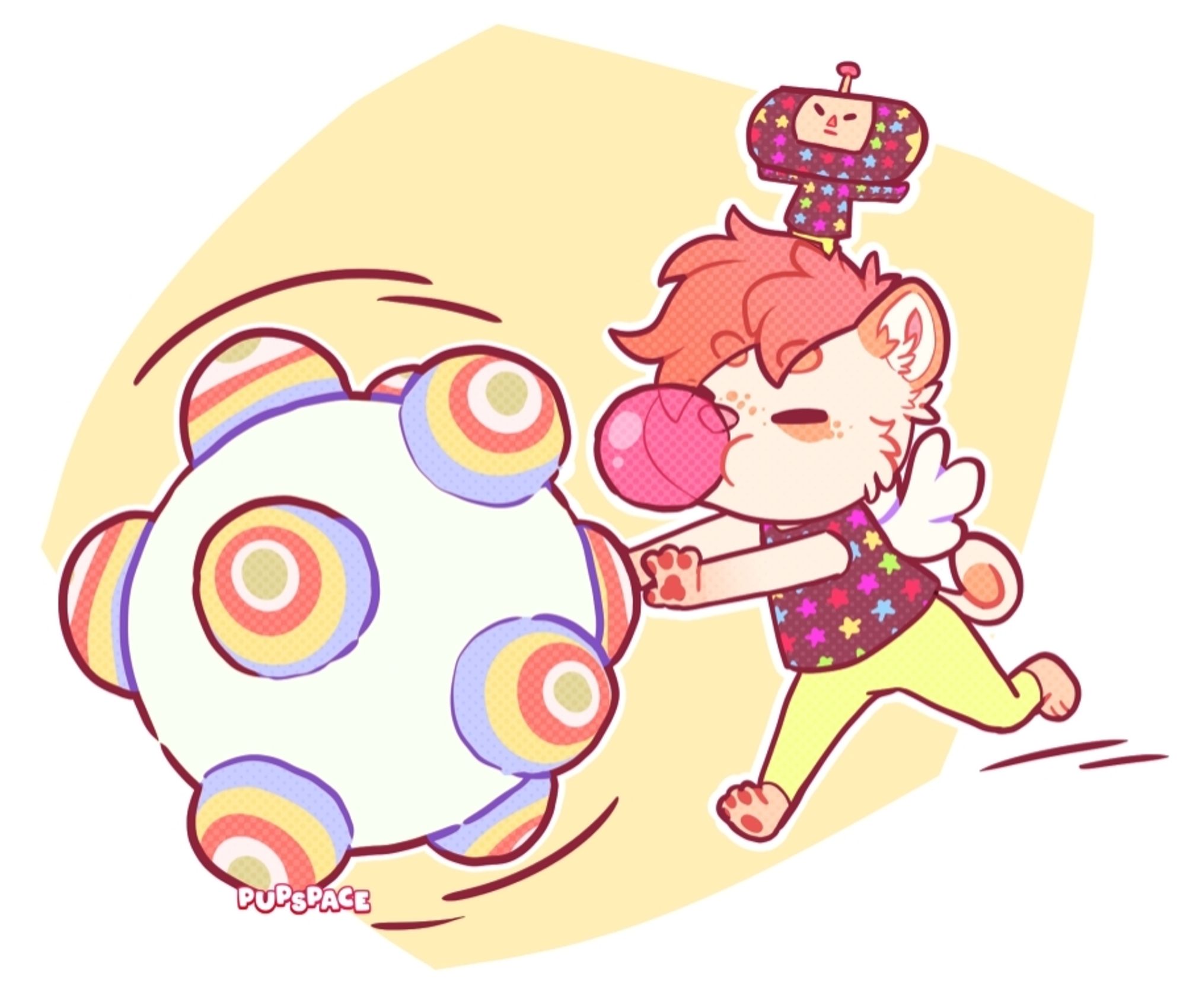 lil remi puppy all dressed up like a katamari cousin and pushing a katamari ball