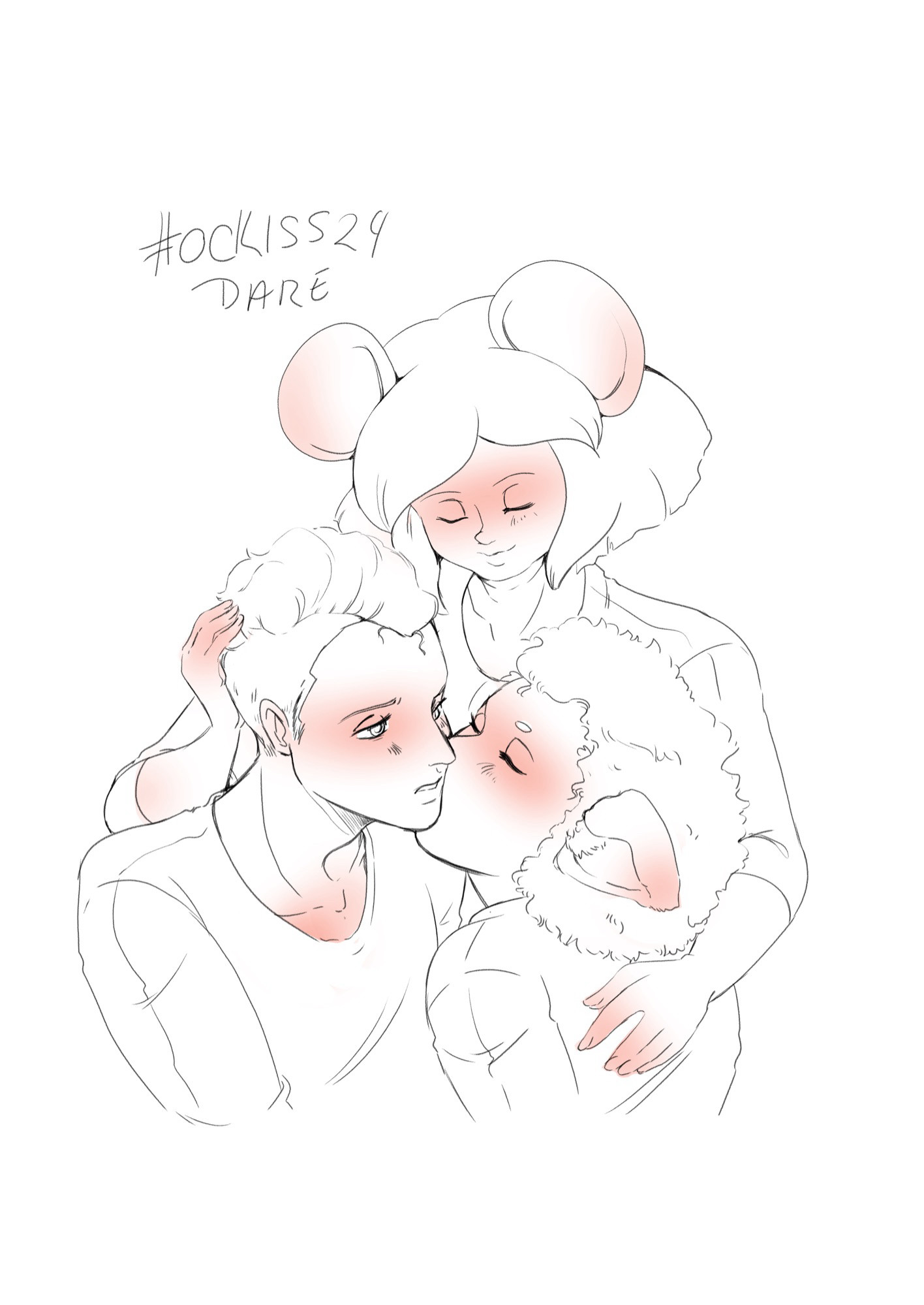 Sketch of my three OCs Dore, Knave and CC. Dore is gently holding knave and cc while CC puts a soft kiss in Knaves cheek.