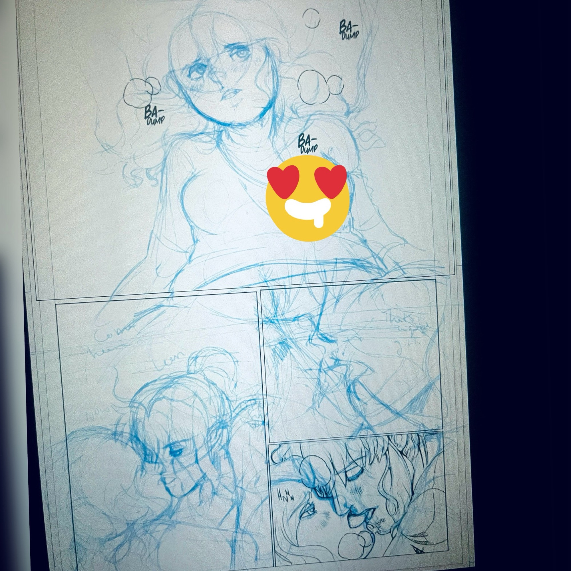 Sketch of a comic page with my OCs kissing and being sensual with one another