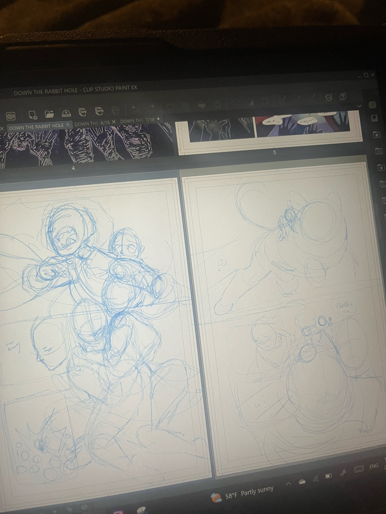 Second draft of the same comic page but split into two rough sketches.