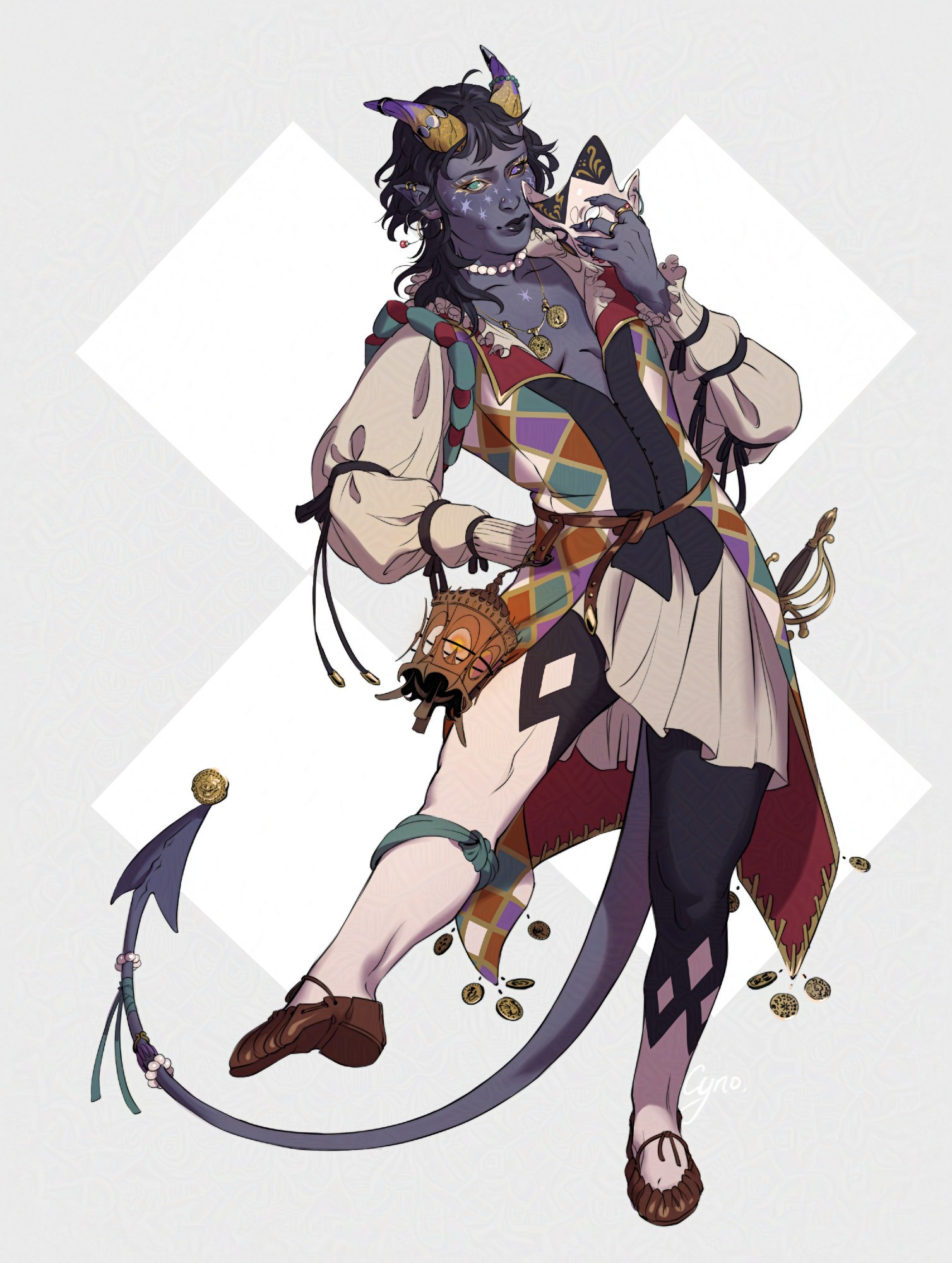 A blue-skinned tiefling dressed in an Arlecchino-inspired outfit. She holds a masquerade mask and is balancing a coin on her tail.