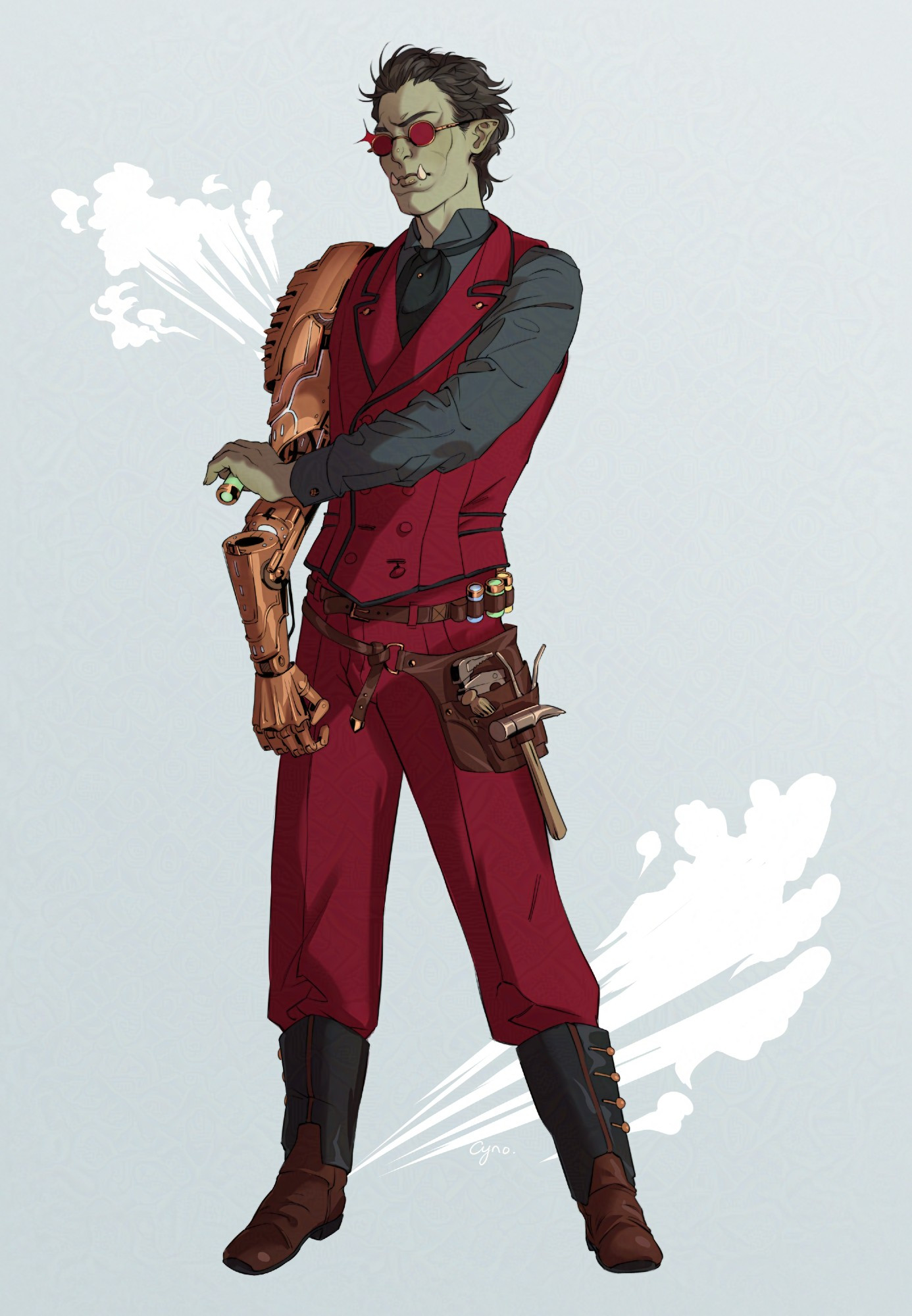 A half-orc man dressed in a red and grey suit. He is loading a capsule into his copper mechanical arm. A tool belt and bandolier is on his waist.