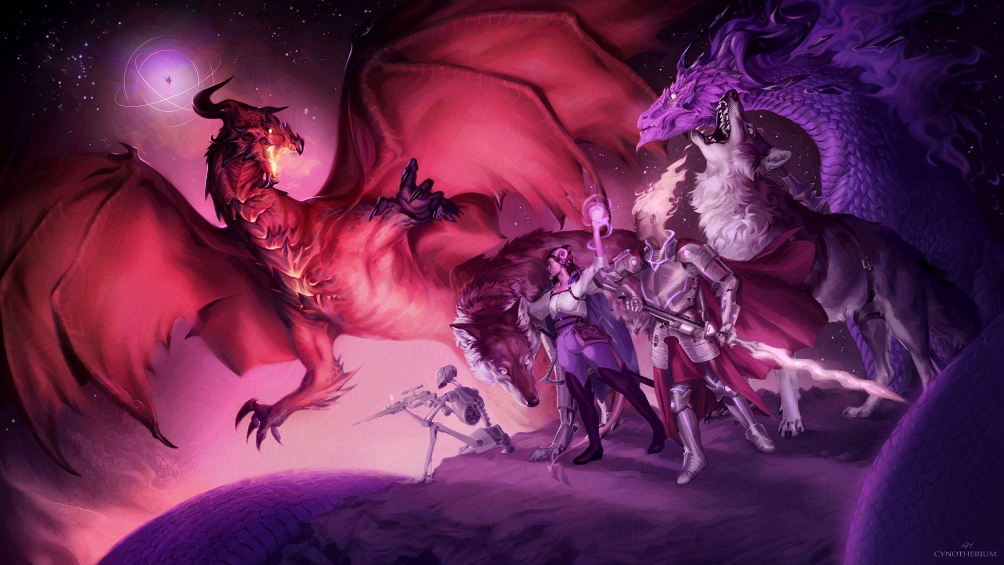 A large illustration featuring a dnd party. The party has a warforged, two worgs, a tiefling, and a genasi. They are surrounded by a large amethyst dragon. A large red dragon looms over them threateningly. Strange rings and a figure hangs in the sky from a distance.