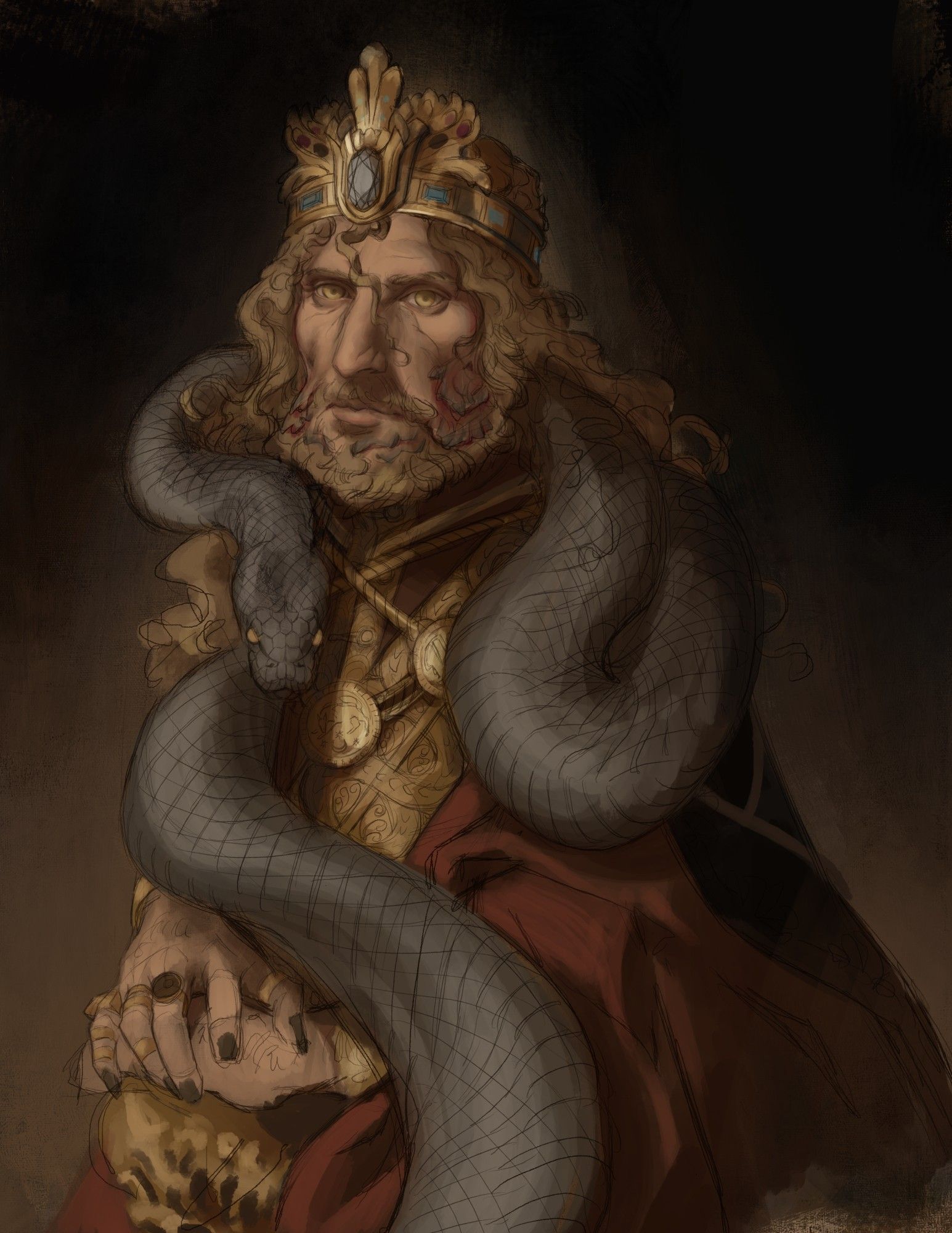 A sketch of Praetor Rykard in human form. He has long golden curls and a grey python draped around his shoulders.