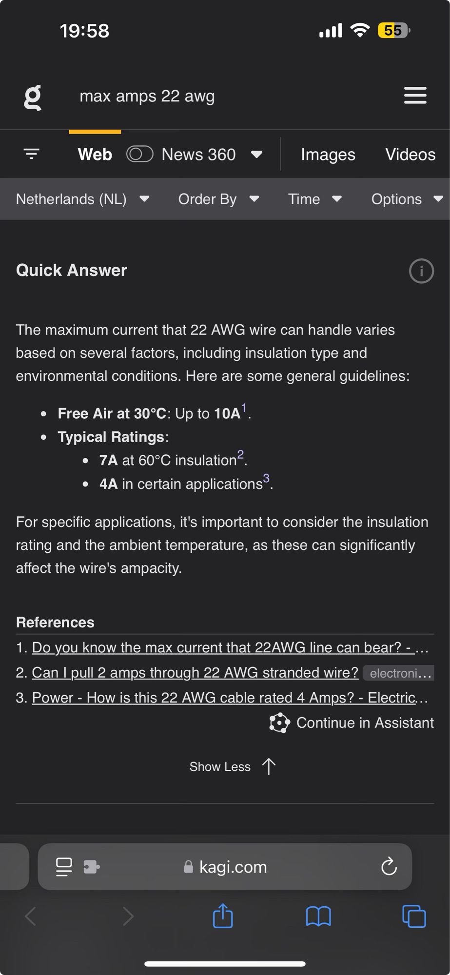 Kagi quick answer result for “max amps 22 awg”