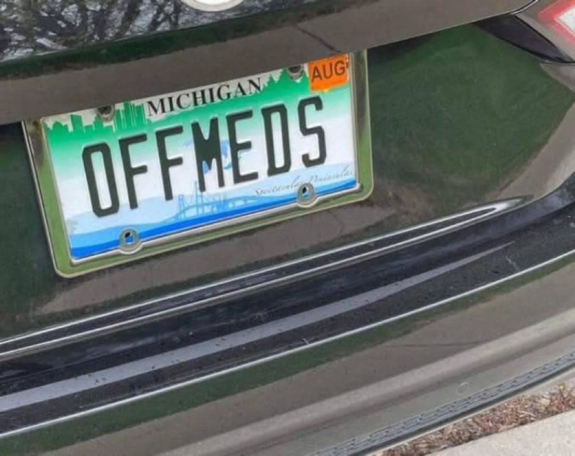 a picture of a vanity Michigan license plate with a Mackinac Bridge design that reads “OFFMEDS”