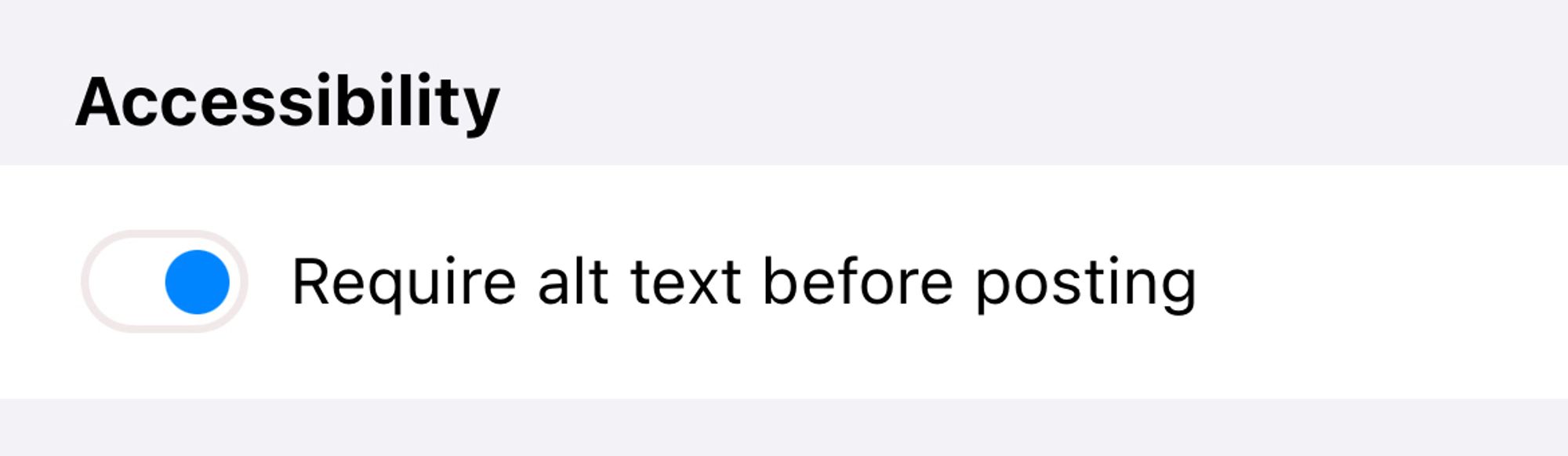 a screenshot of the Settings page showing the Accessibility section with the “Required alt text before posting” setting turned on