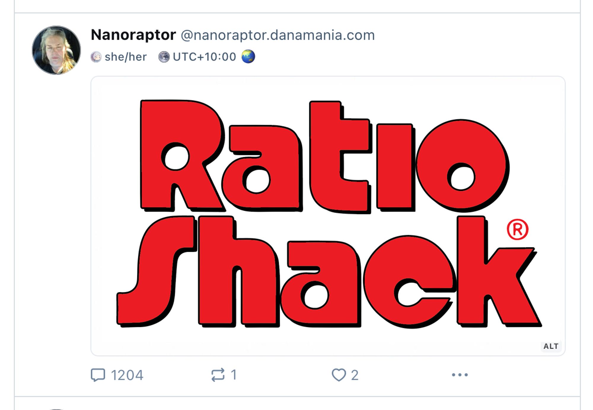 A screenshot of a post of a logo for Ratio Shack in the Radio Shack style. the post in the screenshot has two likes, one repost, and 1204 comments.