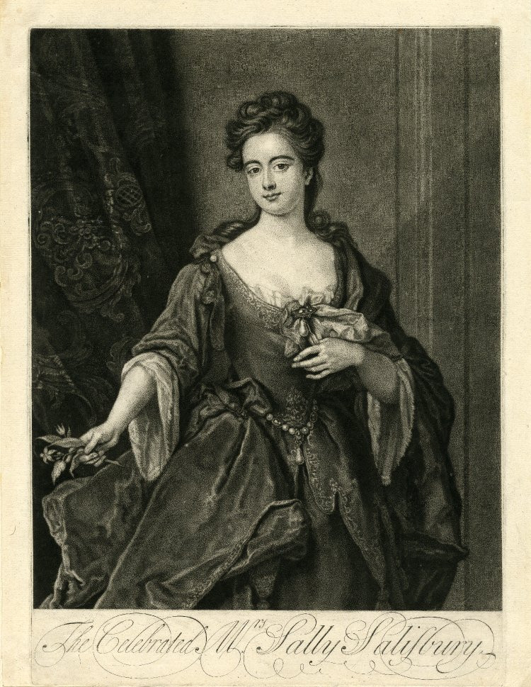 1720s mezzotint of The Celebrated Mrs Sally Salisbury. A white woman with brown hair in curls standing in front of ornate draperies, wearing expensive dress with jewels and pearls at breast and waist, holding a flower in her right hand.

via the British Museum https://www.britishmuseum.org/collection/object/P_1902-1011-4799