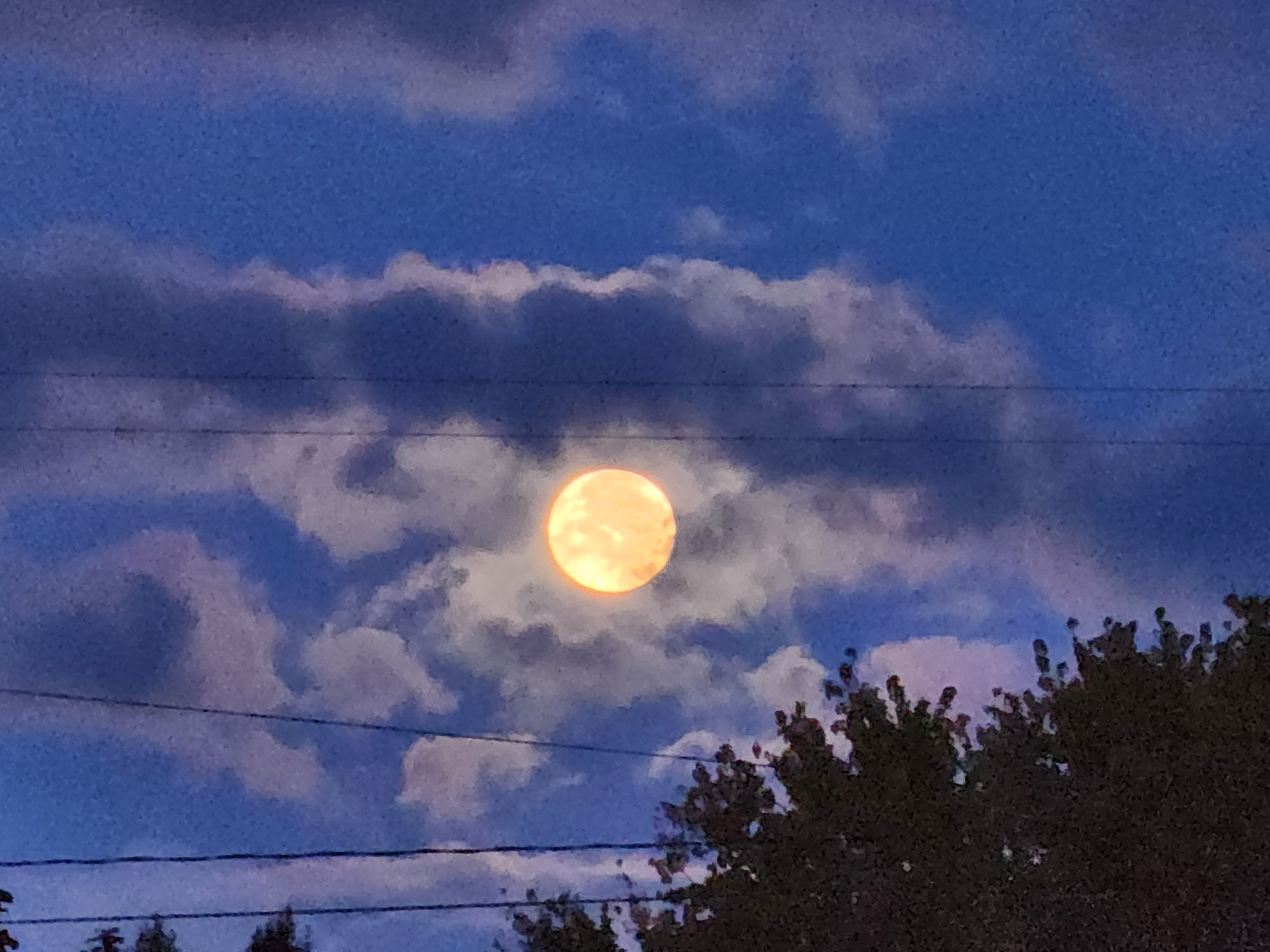 The big moon amongst grey blue clouds in the morning. 