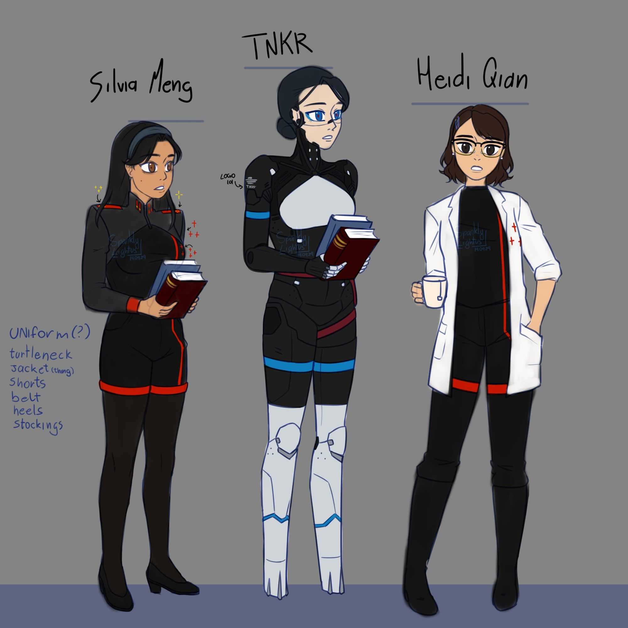 Drawings of three characters in a line up on a gray background with names on top. From left to right: 1: Silvia Meng, a woman with black straight hair in an apprehensive expression, wearing an interpretation of signalis' black and red military uniform. 2: TNKR, a robot with a pale face and her body a mixture of black, white and blue elements, she is in the same pose as Silvia. 3: Heidi Qian, a woman with short brown hair and glasses, who wears another interpretation of the same military uniform, but modified to fit with a white lab coat. She looks at the camera with a neutral expression and a cup of tea in hand.