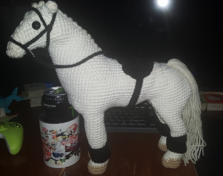 Large white horse with black saddle, bridle, and leg wraps. Doubled up / jumbo version is seen here, and is $40 to get one made (more if more colors needed)