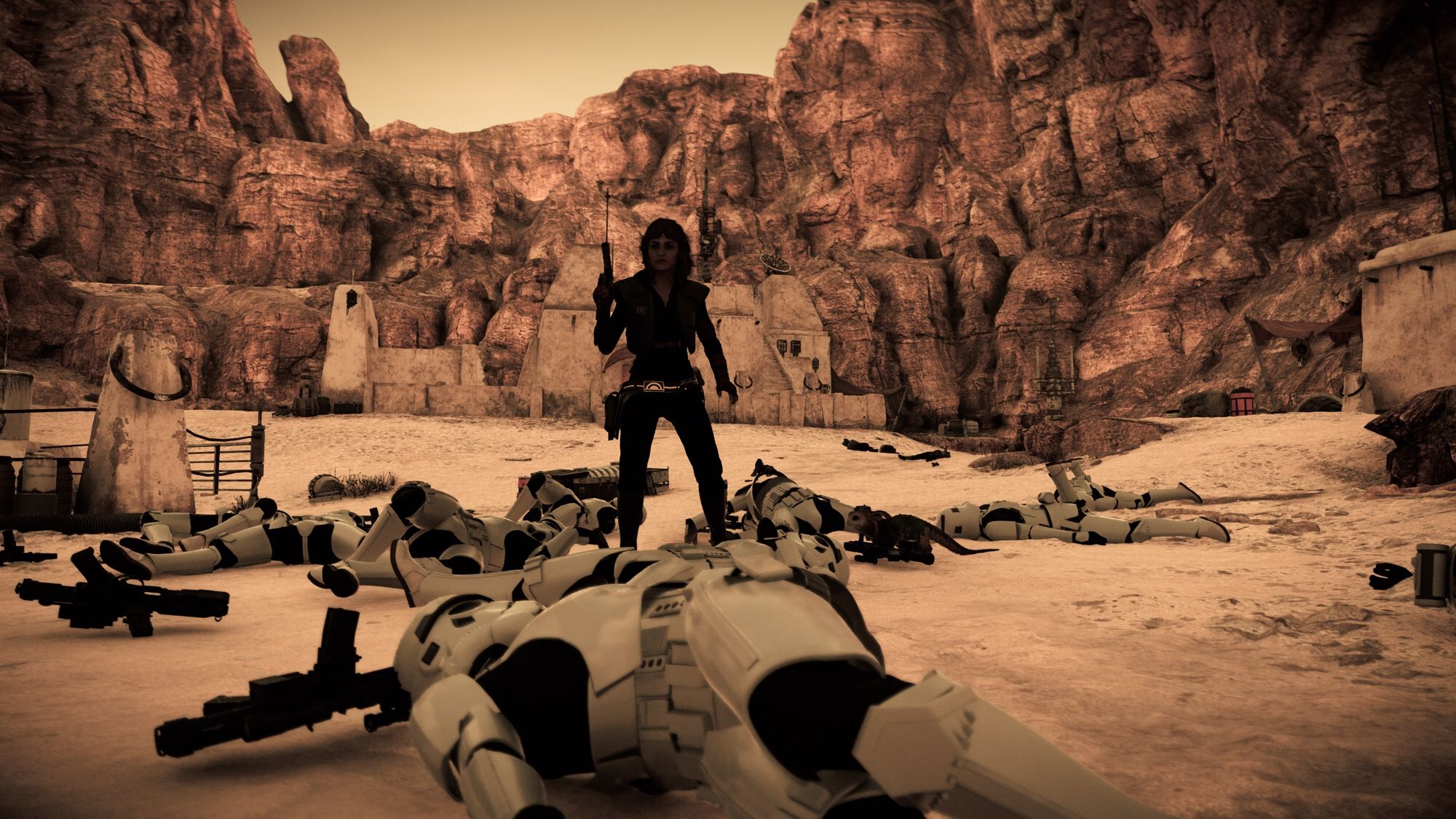 Kay Vess from Star Wars Outlaws standing over a pile of Stormtrooper corpses