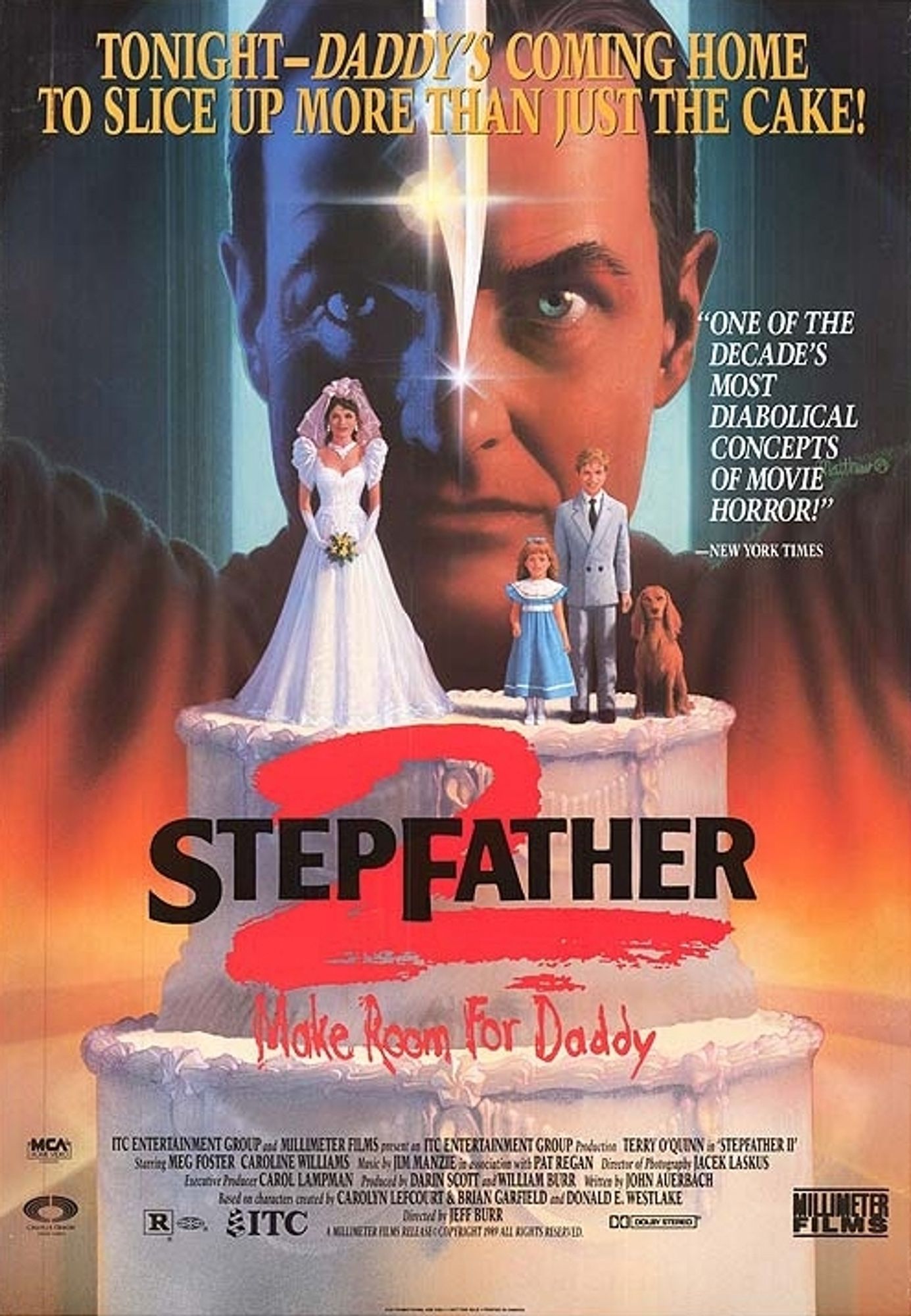 An amazing illustrated poster featuring Terry O'Quinn plunging a knife into the top of a wedding cake between the little bride figurine and the figurines of two sons and a dog