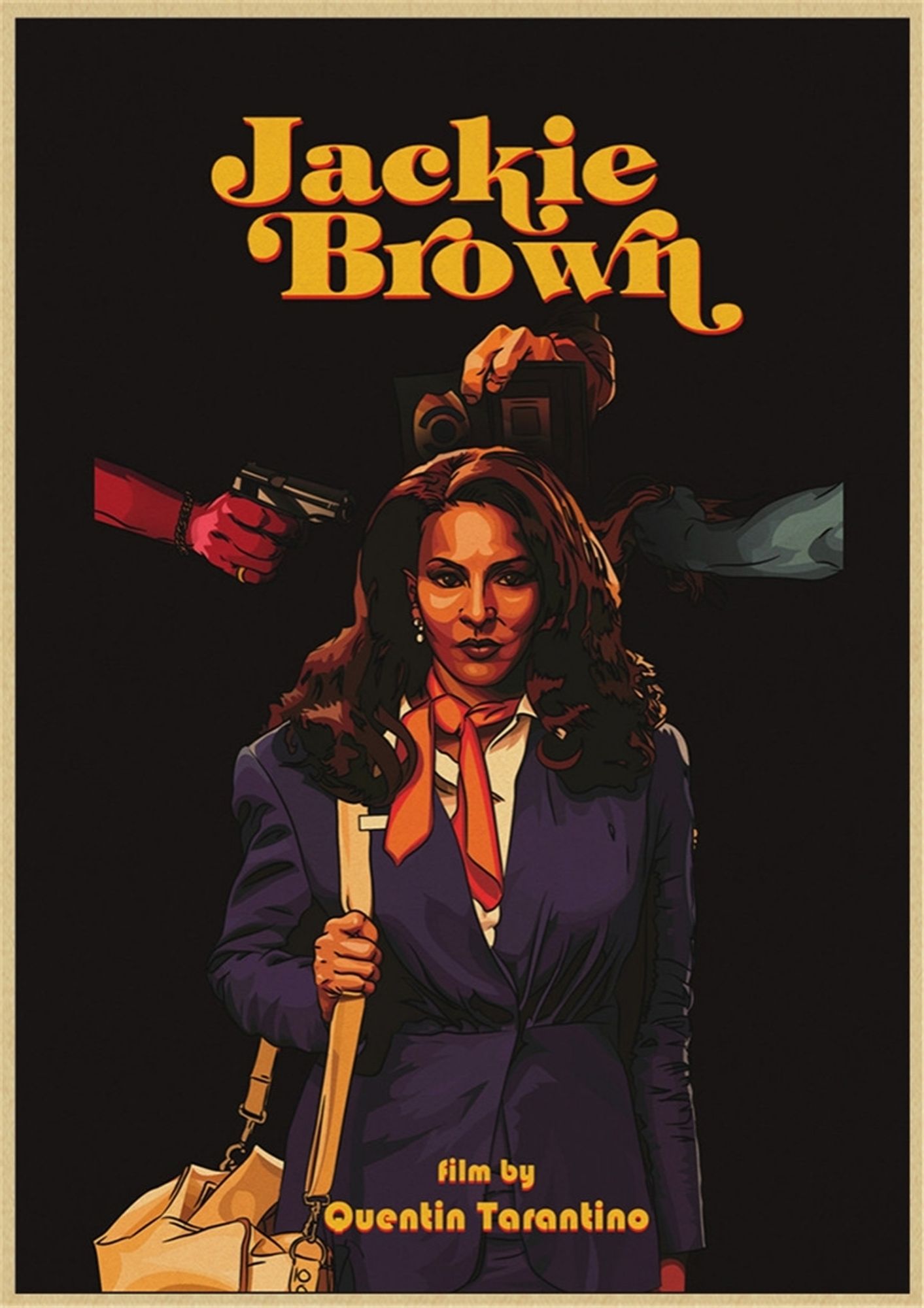 Jackie Brown (Pam Grier) in her flight attendant uniform. There is an arm holding a gun on her, another gripping some of her hair, and a third holding a badge at her