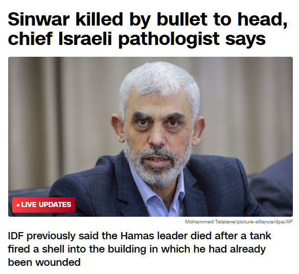 CNN headline that reads "Sinwar killed by bullet to head, chief Israeli pathologist says"