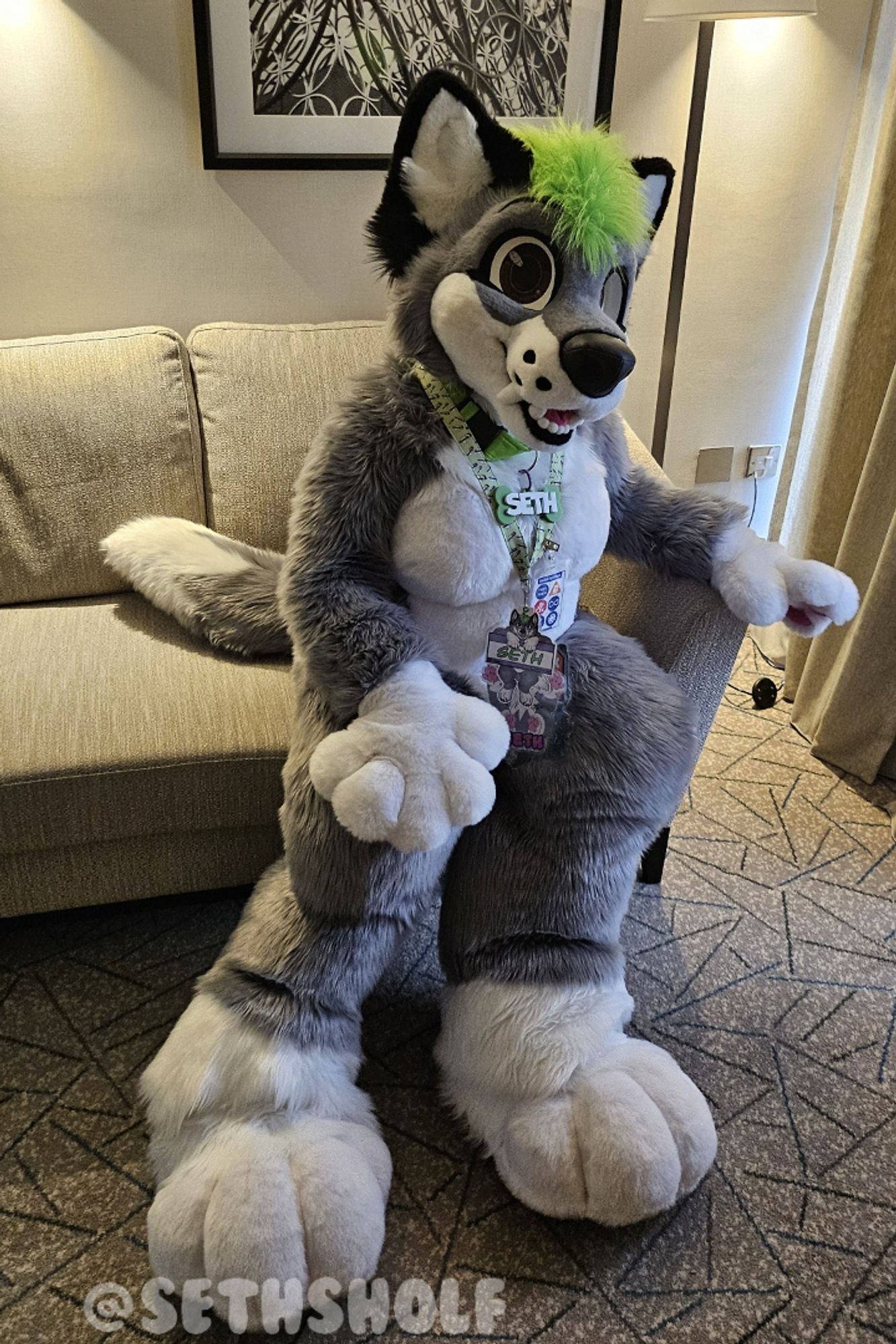 Image of a wolf dog fursuit, they are grey and white with green hair and black ears. They are wearing a lime green collar with a green bone tag that says "Seth" and wearing multiple art badges of them with "Seth" written on. The badges are hanging from a green lanyard, adorned with a sushi pattern.
They're looking at the camera, relaxing on a beige sofa with their legs stretched out, inside a hotel room.
The carpet is a mixture of brown and white with a triangle pattern, a lamp and a picture of what appears to be black and white bamboo are in the background.
The text reads "@SethSholf".