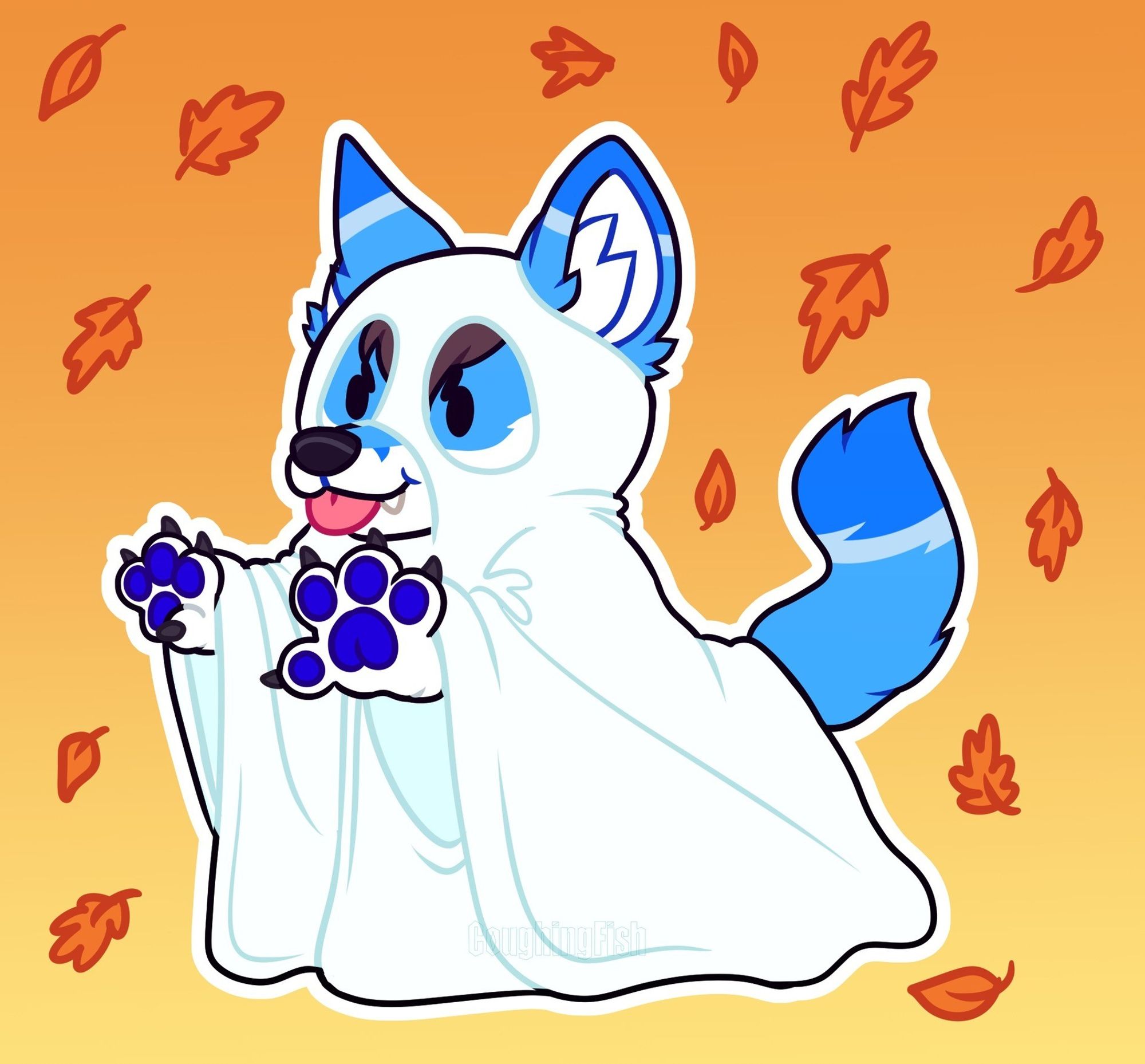 Image of digital art: Depicting a blue and white fox with blue paw pads and a brown tuft of hair, wearing a white ghost sheet over the top of him. He has his arms raised, facing the left and tongue is sticking out as a "blep".
The background is an orange gradient with autumn leaves.