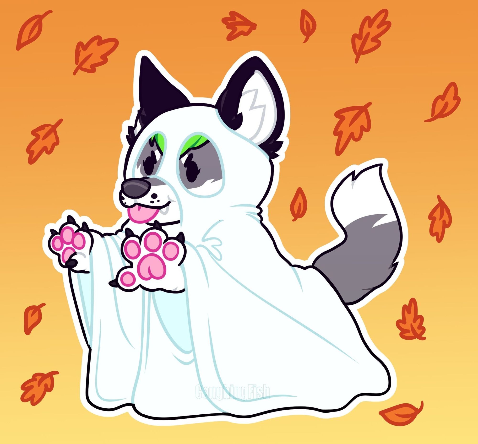 Image of digital art: Depicting a grey and white wolf dog with green hair and black ears, wearing a white ghost sheet over the top of them. They have their arms raised, facing the left and their tongue is sticking out as a "blep".
The background is an orange gradient with autumn leaves.