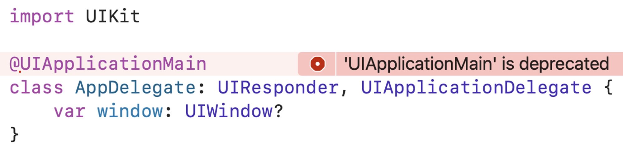 UIKit app delegate annotated with @UIApplicationMain. Xcode show red error message, uiapplicationmain is deprecated