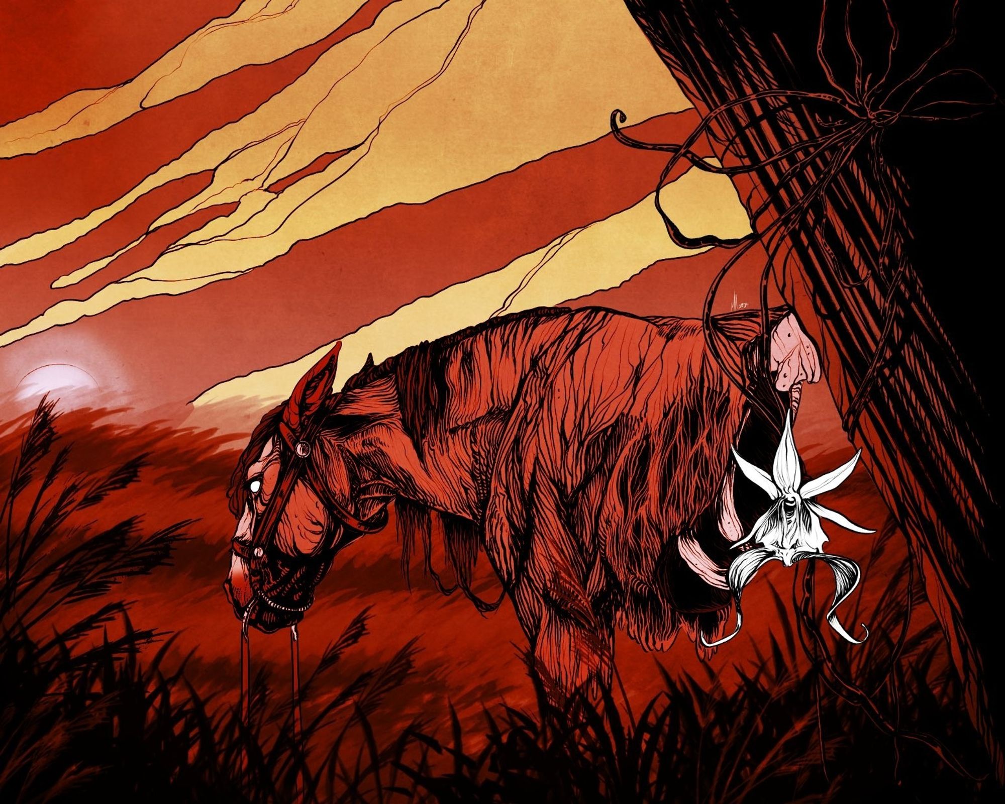 A revenant horse looking at the sunset over a grassy field. A ghost orchid is blooming from a trunk on the right side. The colours are shades of red, white, orange and black.