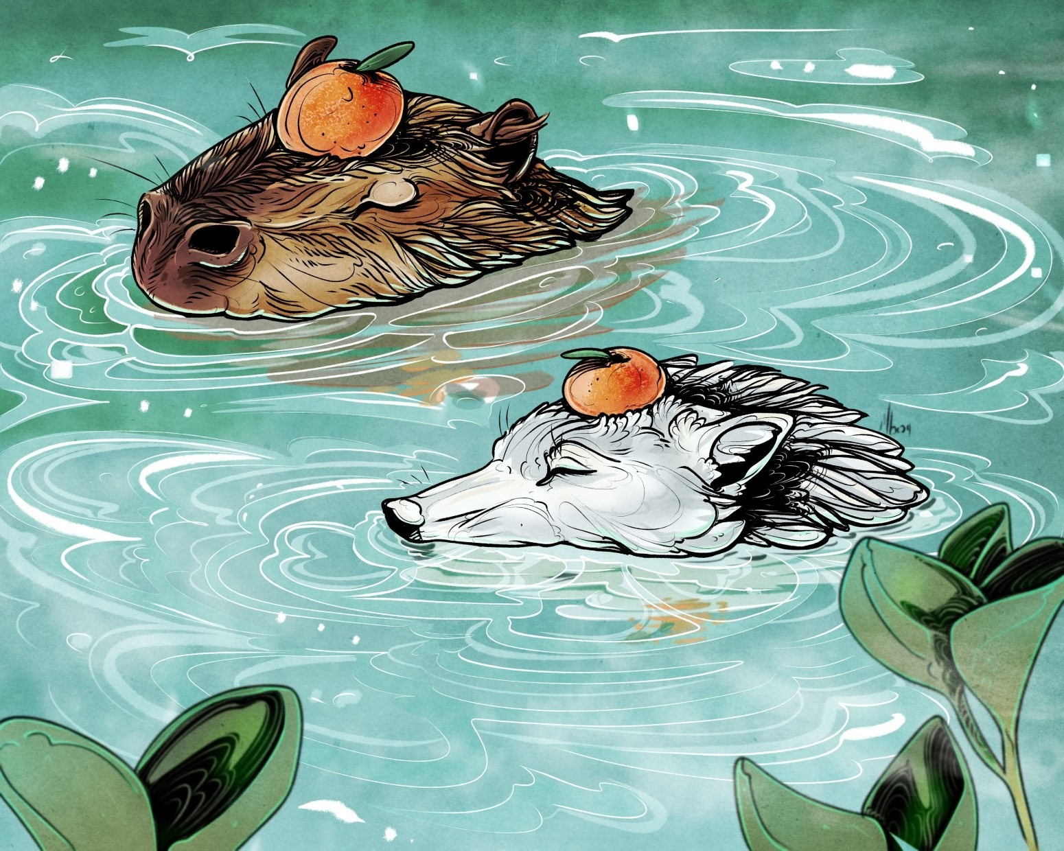 A capybara and an arctic wolf relaxing in a hot spring. They have oranges on their head. The water is teal-green in colour. There are plants in the foreground.