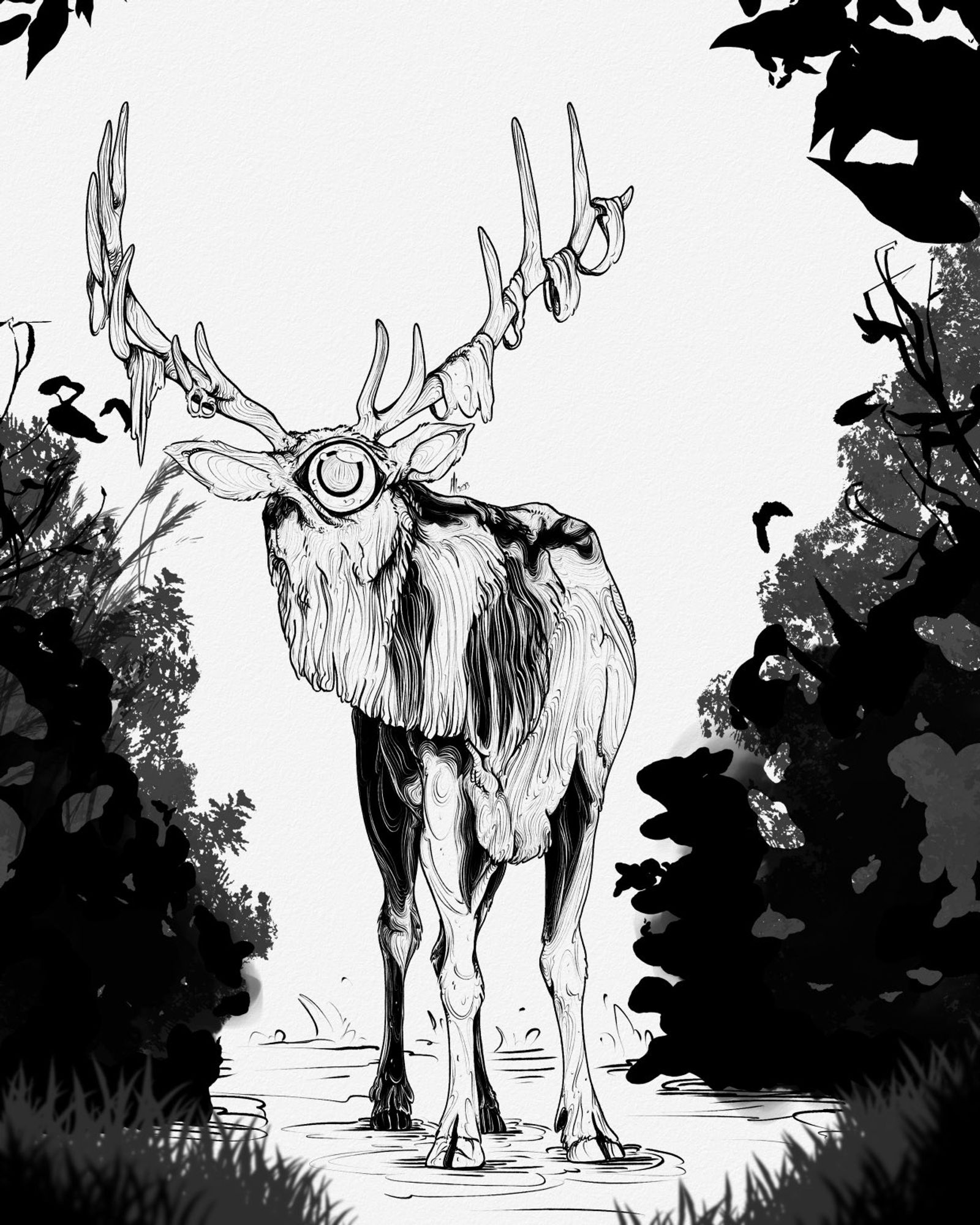 An ink illustration of a monstrous elk with one huge eye, looking at the viewer. The silhouette of bushes and vegetation is around it. It has moss draped over its antlers.