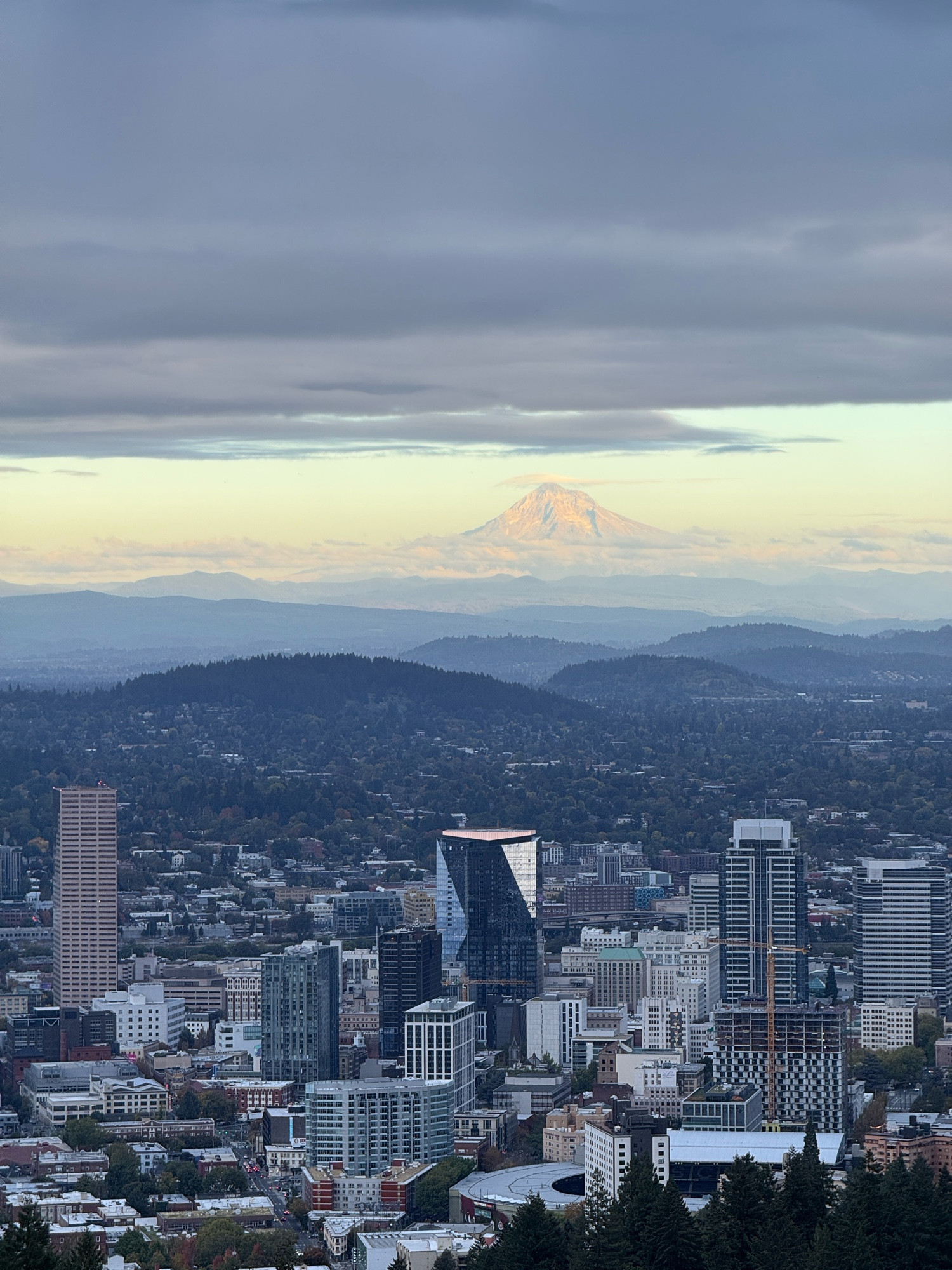 View of Mt. Hood from Pittock Mansion, downtown Portland OR in the foreground