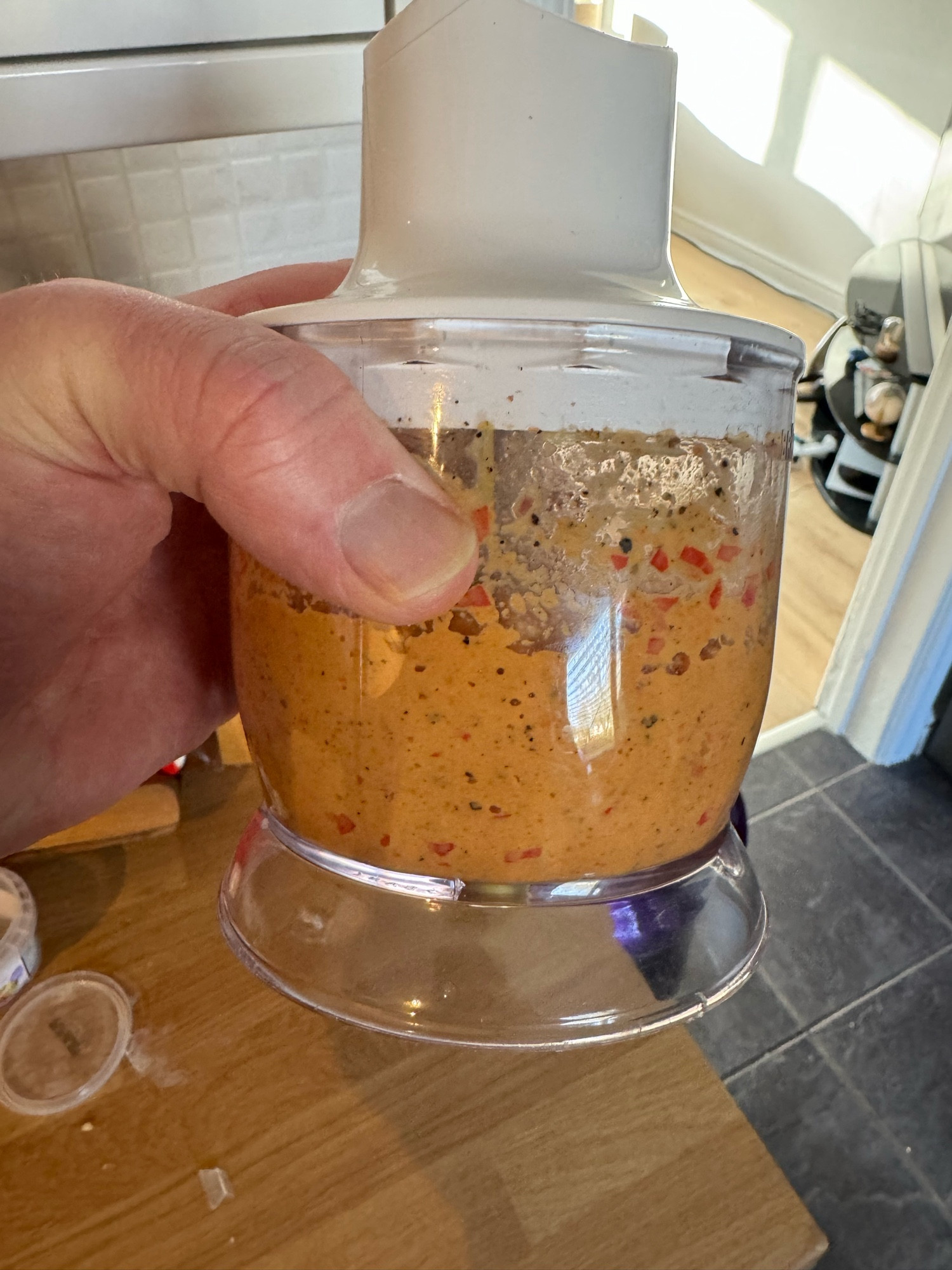 The finished, blended curry paste. It’s a deep orange colour.