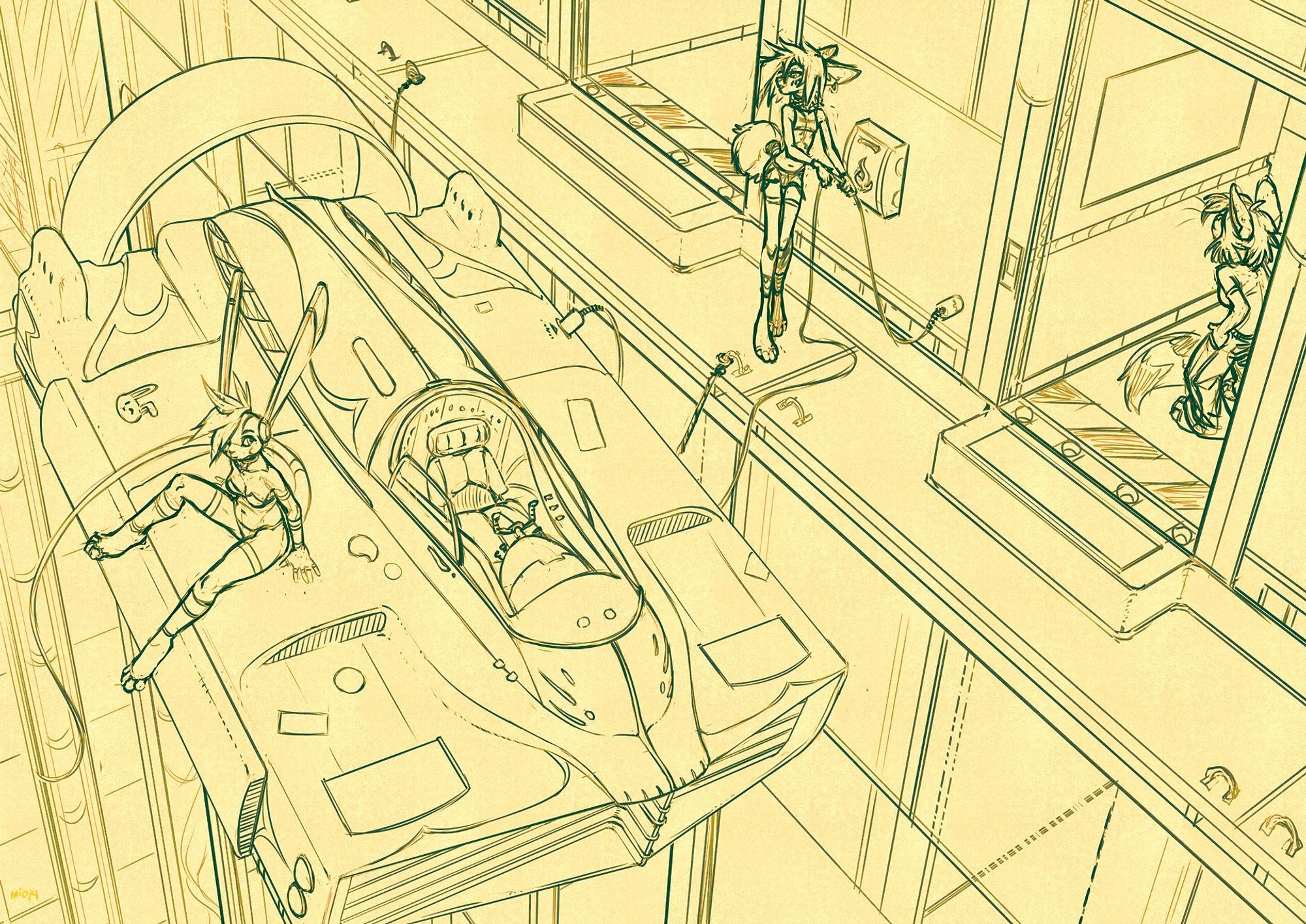 a sketch of three characters in a futuristic city scene; two are in front of a building and in one of the doorways respectively, one is sitting on a hovering vehicle