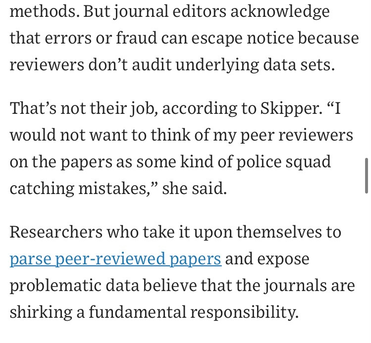 Screenshot of portion of article linked to in post, where Nature EiC says that checking underlying data is not the job of peer review.