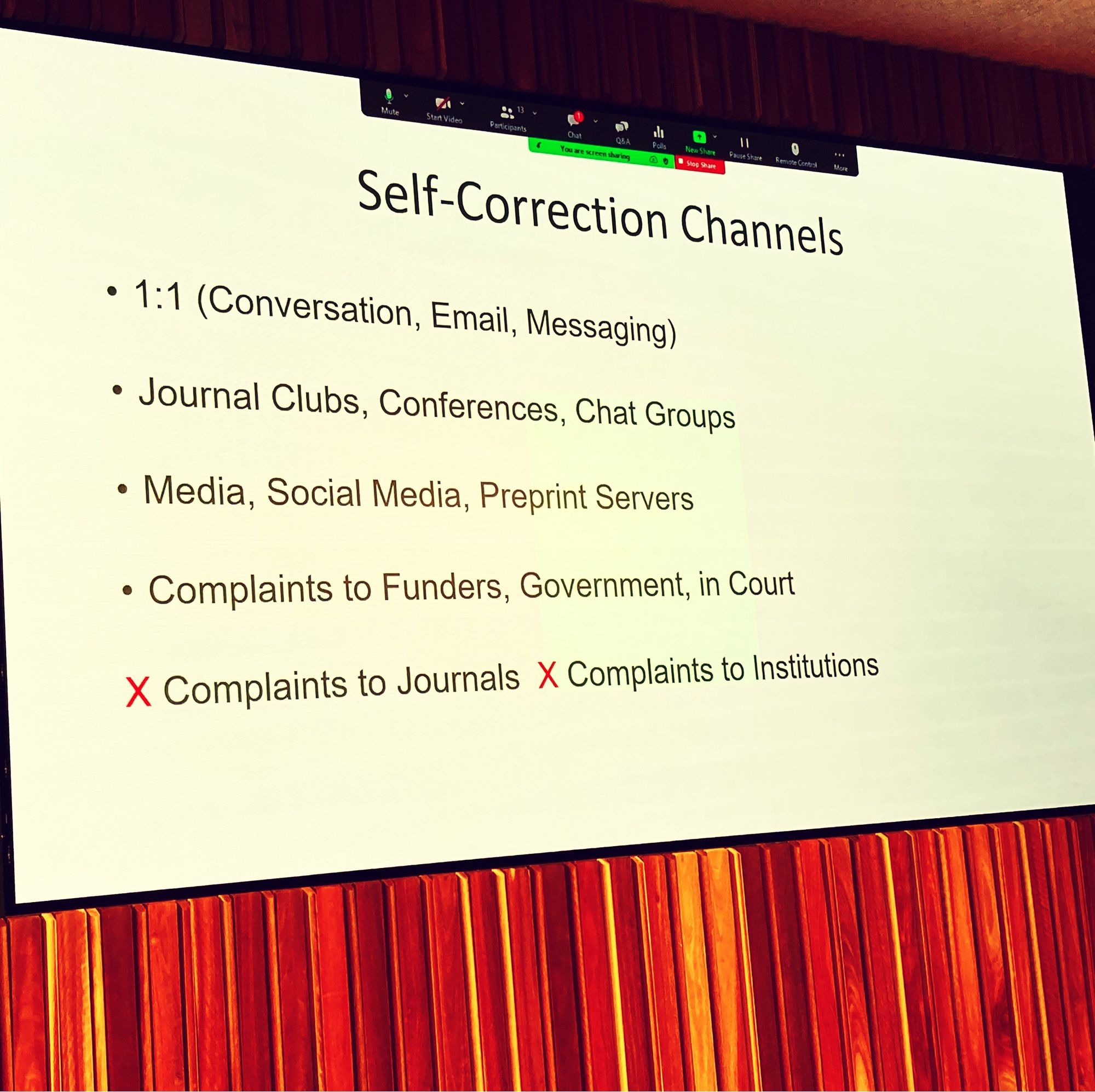 Slide describing self-correction channels for whistleblowers, eg, social media, journal clubs, chat groups, complaints to funders, not so much complaints to journals or institutions